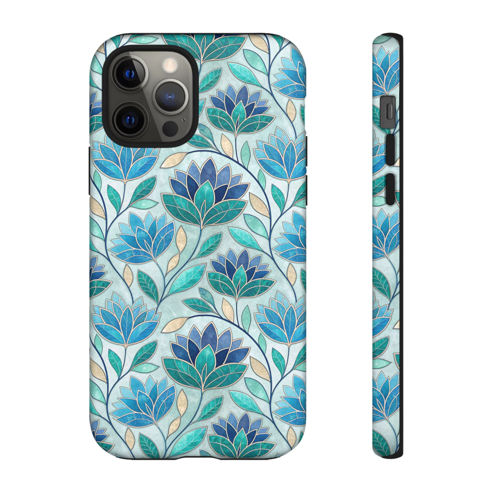 Mosaic iPhone Case, Stained Glass Floral Phone Cover, Teal Blue Protective Case, Matte Glossy Options, Artistic Mosaic Pattern
