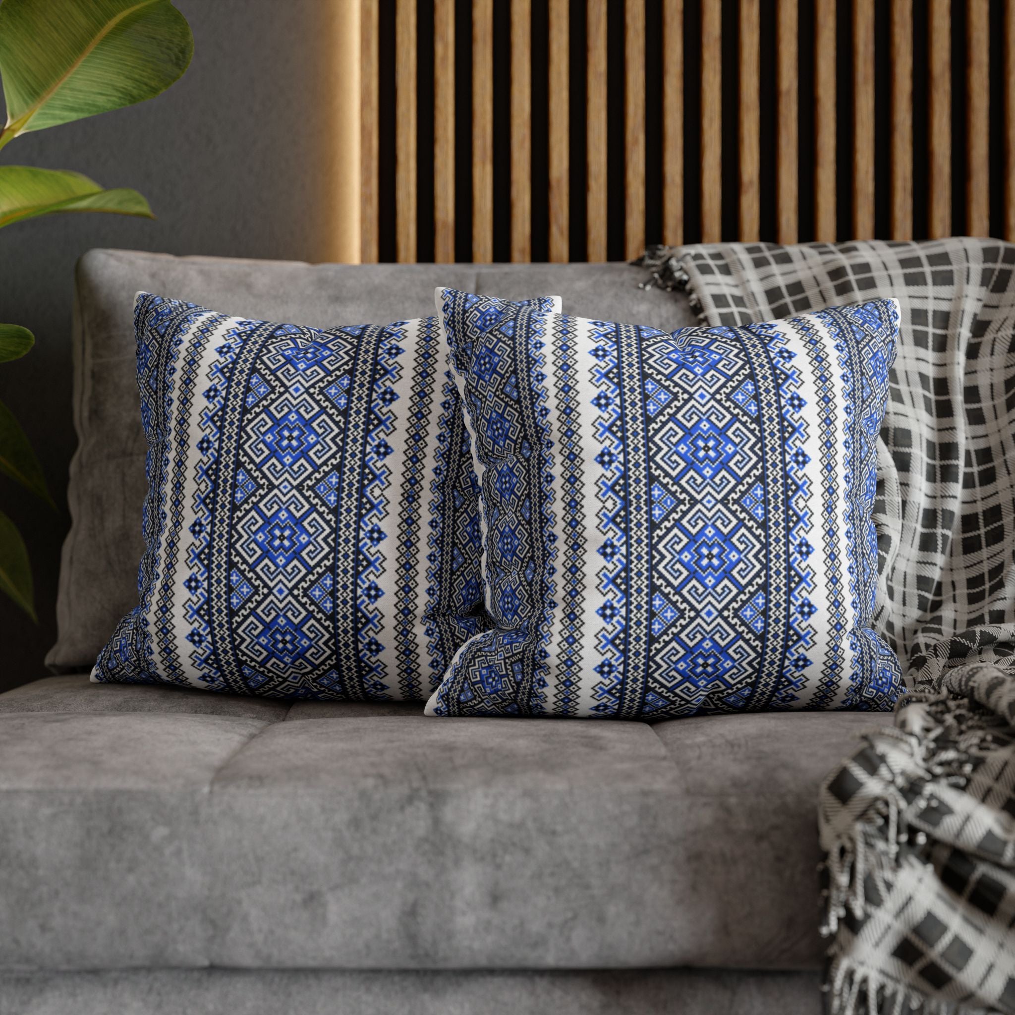 Stasia Blue Pillow Cover | Ukrainian Folk Floral Art | Indigo Geometric Cushion Cover