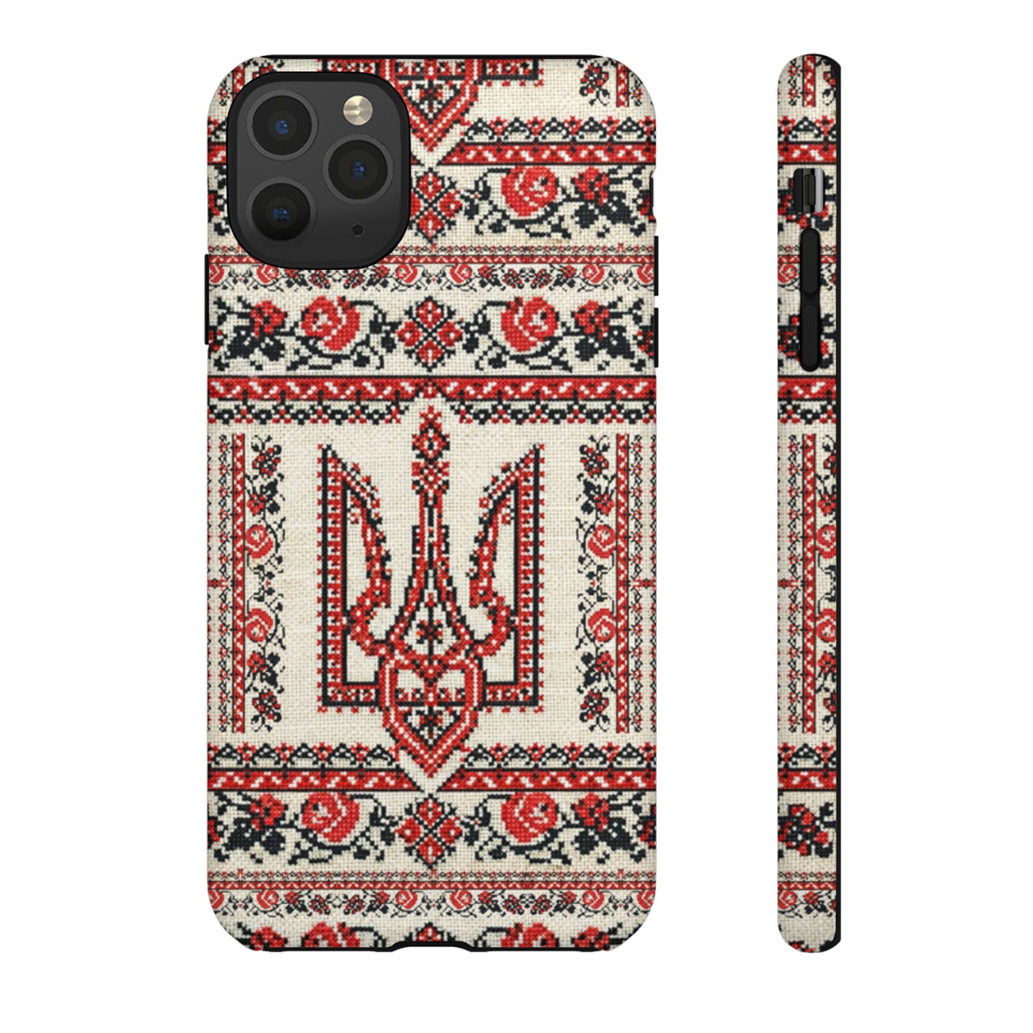 Ukrainian Trident Embroidery Phone Case • Red Black Trident Pattern • Protective Folk Art Cover for iPhone & Samsung