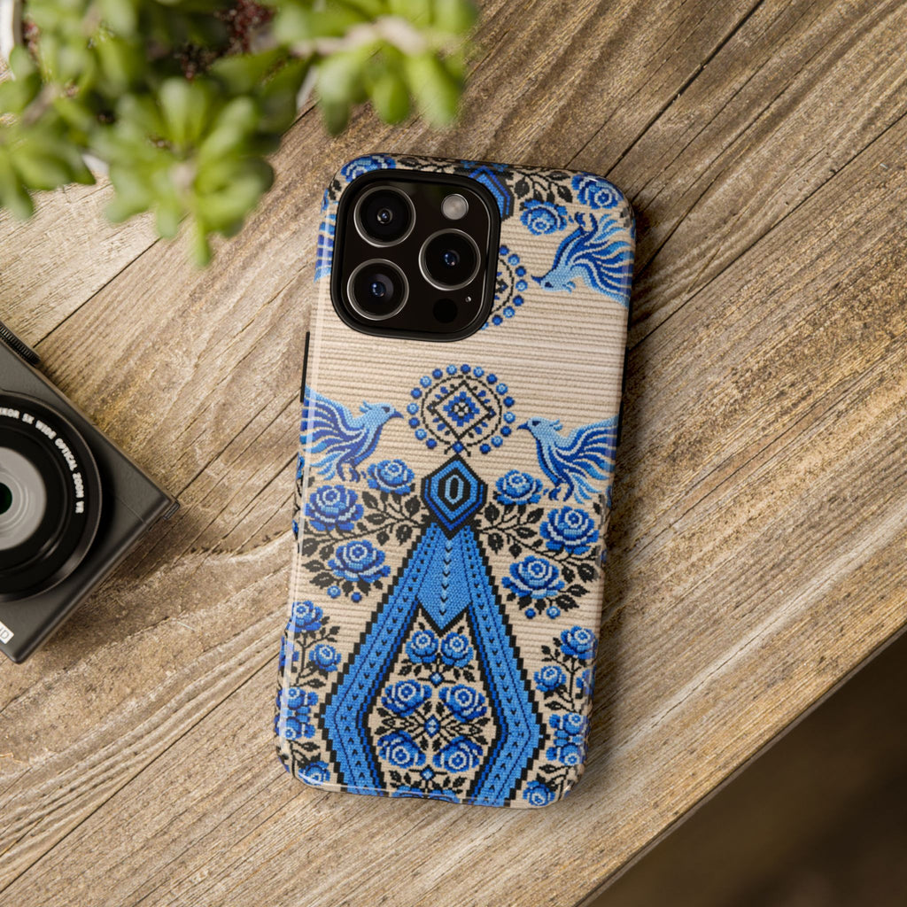 Ukrainian Phone Case  Blue Black Berehynia Design, Falcons & Roses Folk Art, Slavic Embroidery Style Protective Cover