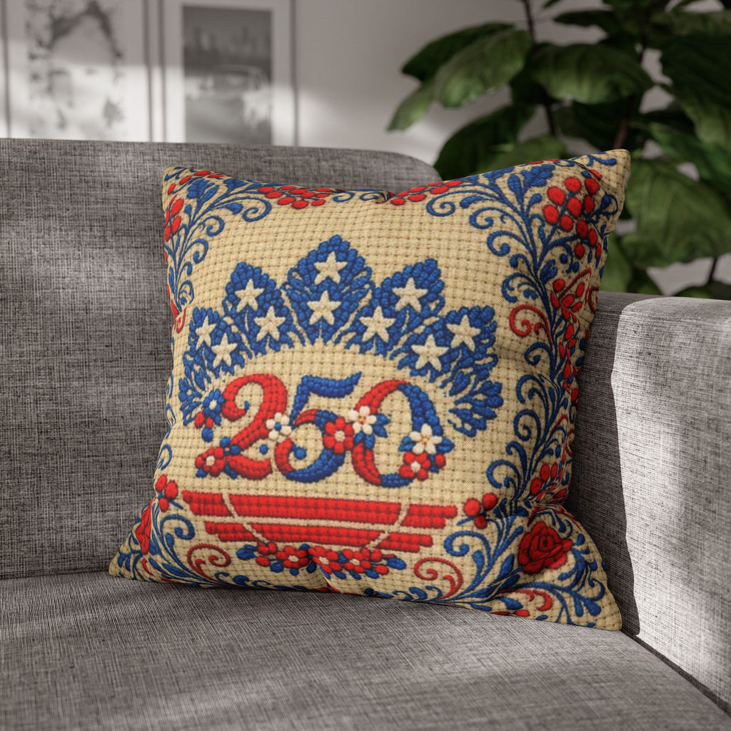 A square decorative throw pillow on a grey sofa featuring the "Freedom's Garden 250" design. The cream-colored pillow shows a central red and blue "250" anniversary emblem decorated with stars and roses in a vintage Americana style.