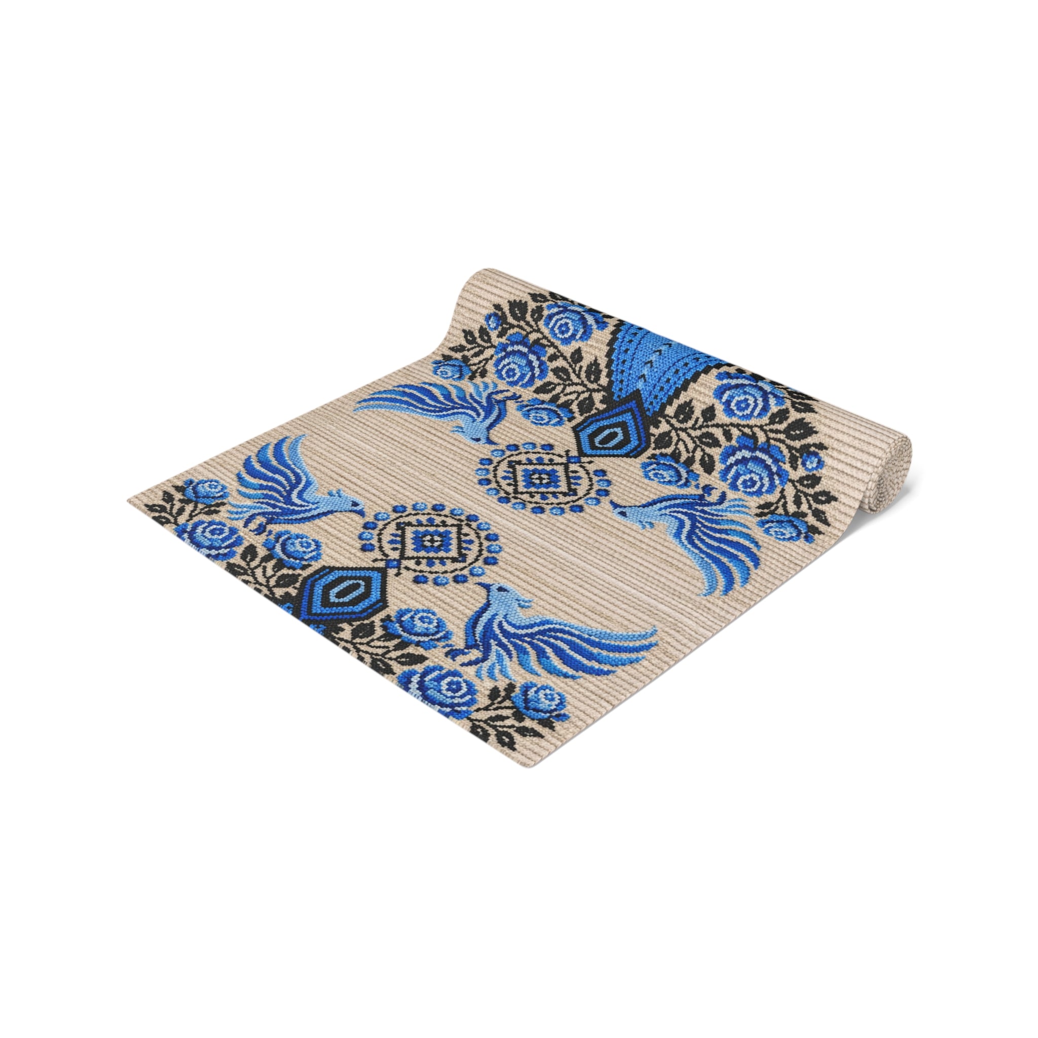 Ukrainian Berehynia table runner with blue black folk art pattern on dining table
