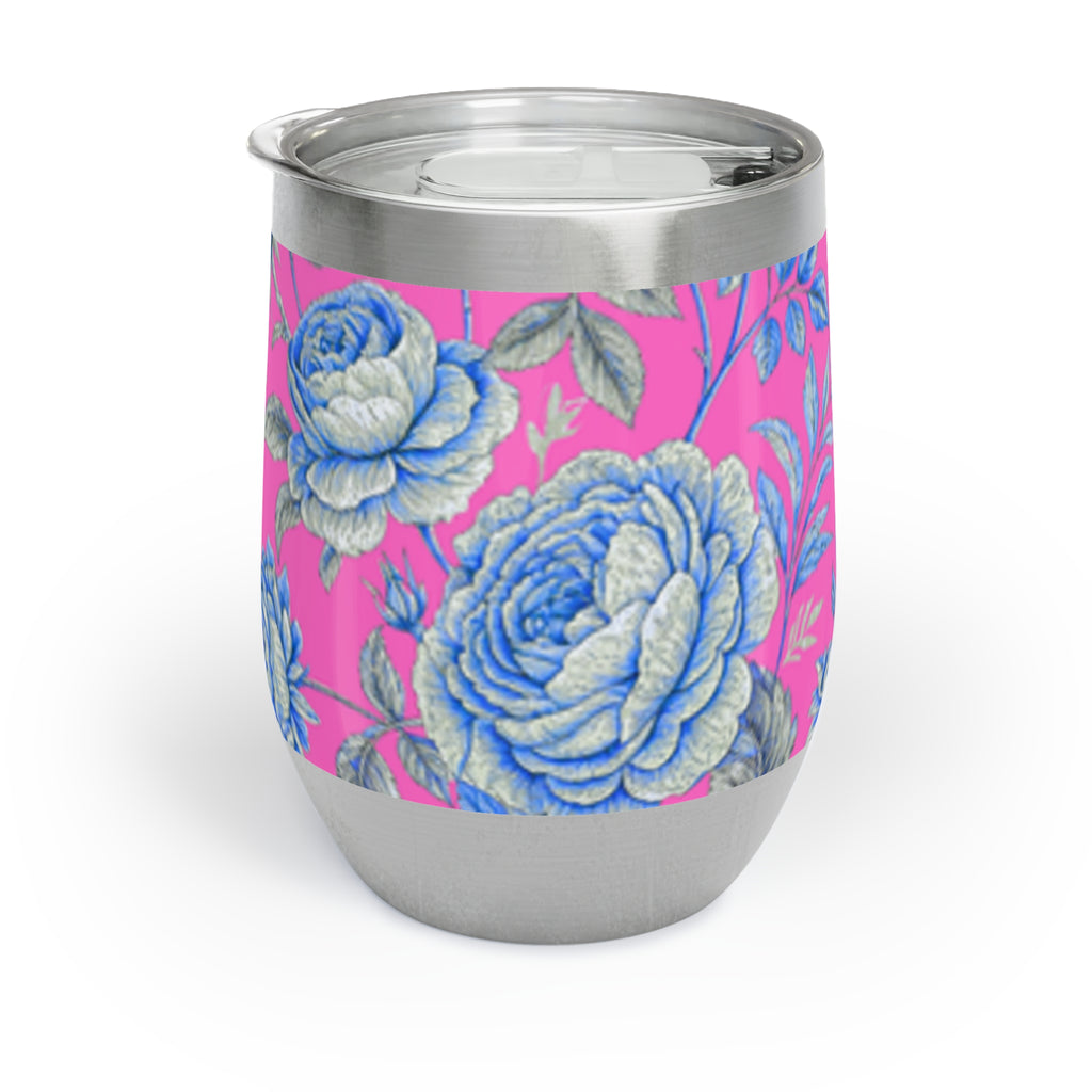 12oz stainless steel wine tumbler featuring a vibrant pink and blue rose floral pattern with a clear lid, isolated on a white background.