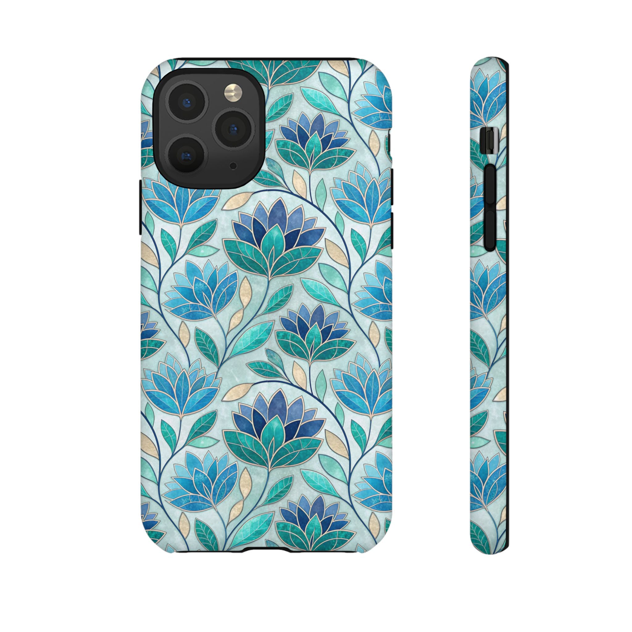 Mosaic iPhone Case, Stained Glass Floral Phone Cover, Teal Blue Protective Case, Matte Glossy Options, Artistic Mosaic Pattern