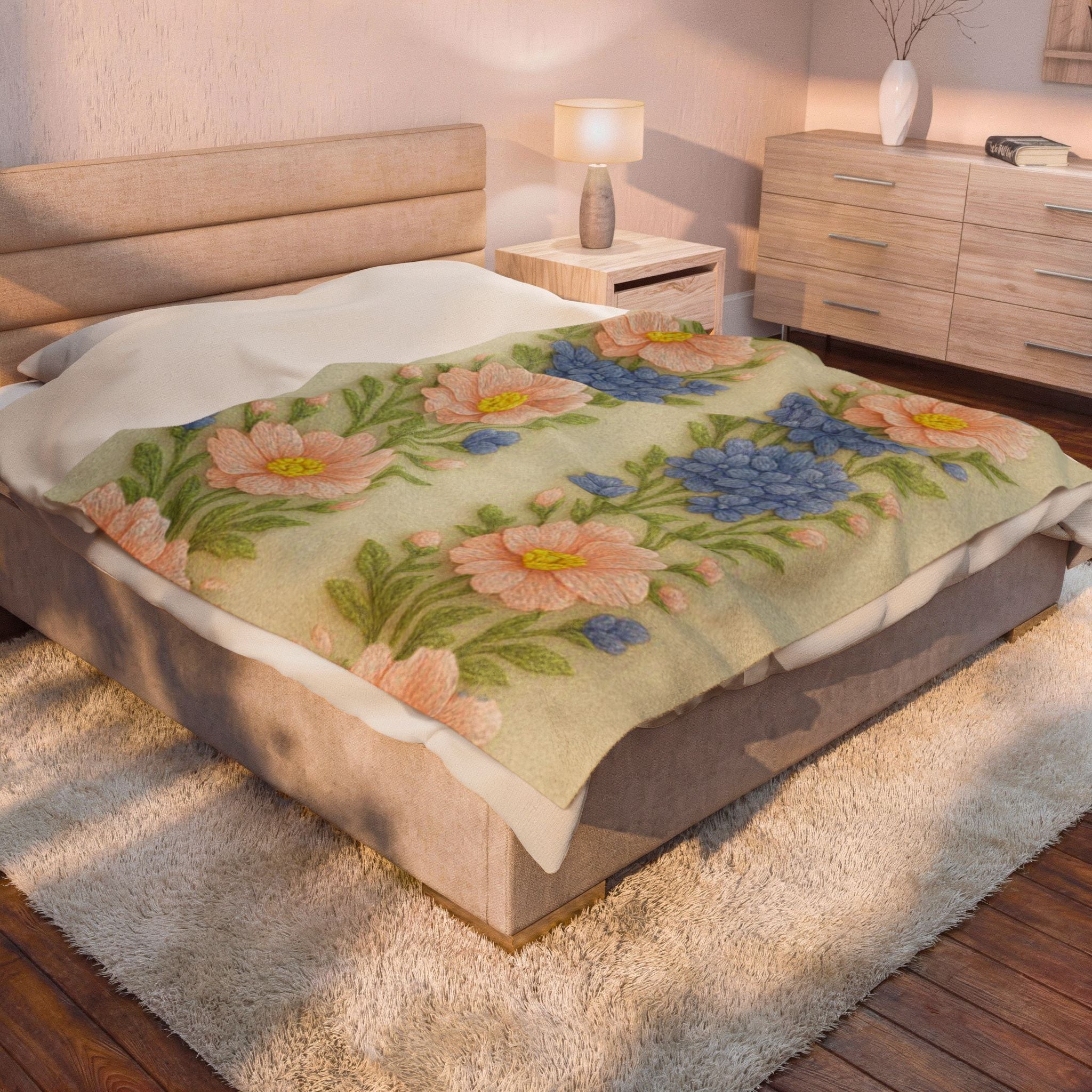 Pastel Floral Plush Blanket – Cottagecore Daisy & Hyacinth Throw | BLUESKYDEZIGN