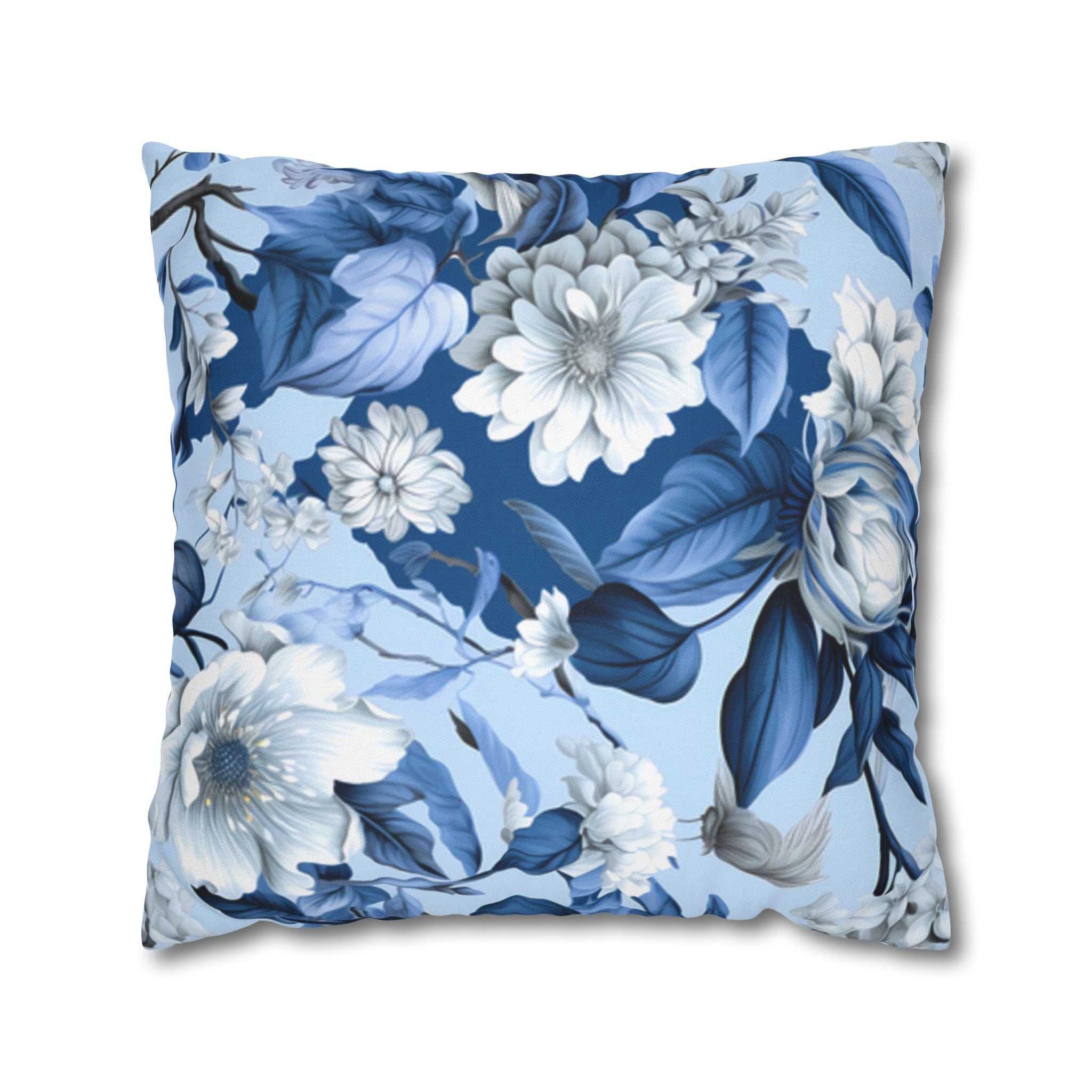 Blue Floral Pillow Cover | Vintage Botanical Double-Sided Cushion Case | Soft Polyester Home Decor