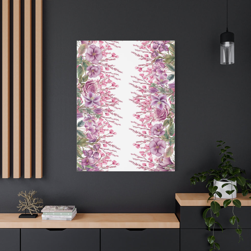 Floral Matte Canvas Wall Art, Pink Purple Botanical Print, Modern Symmetrical Flower Design, Stretched 1.25" Canvas Home Decor
