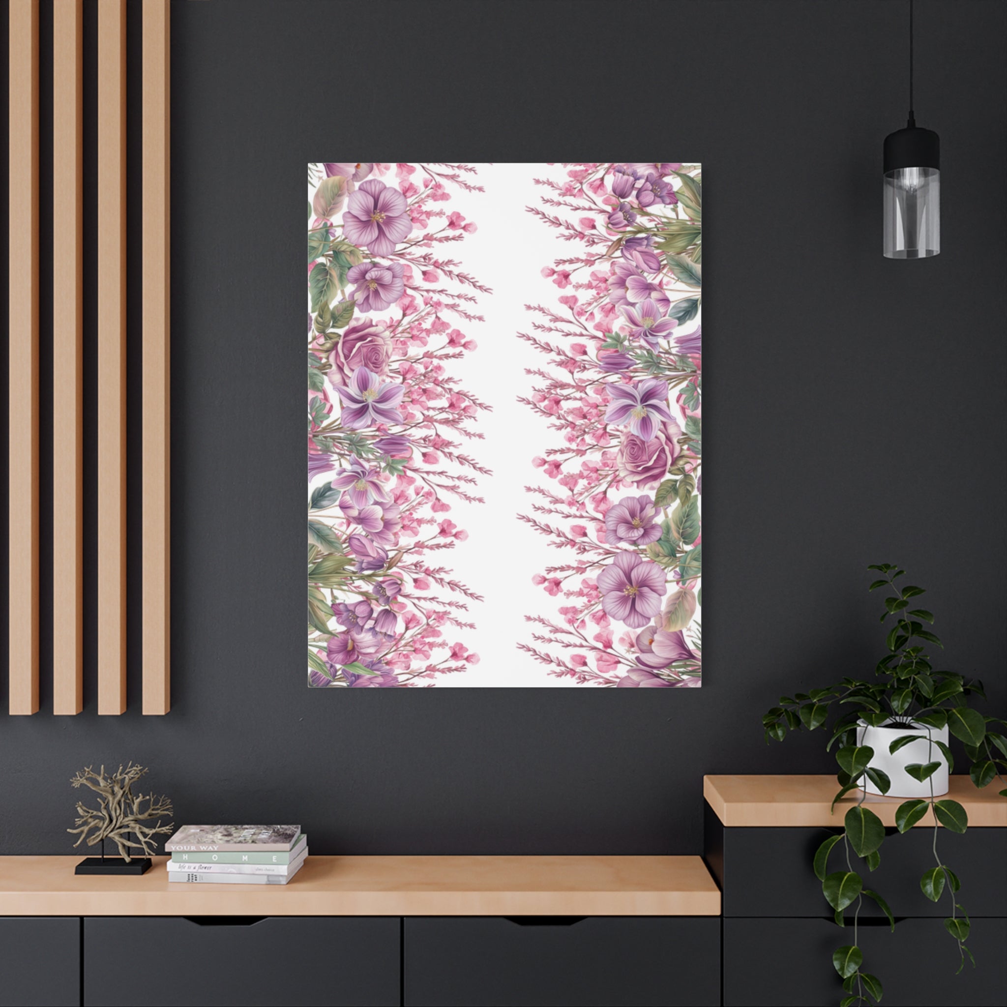 Floral Matte Canvas Wall Art, Pink Purple Botanical Print, Modern Symmetrical Flower Design, Stretched 1.25" Canvas Home Decor