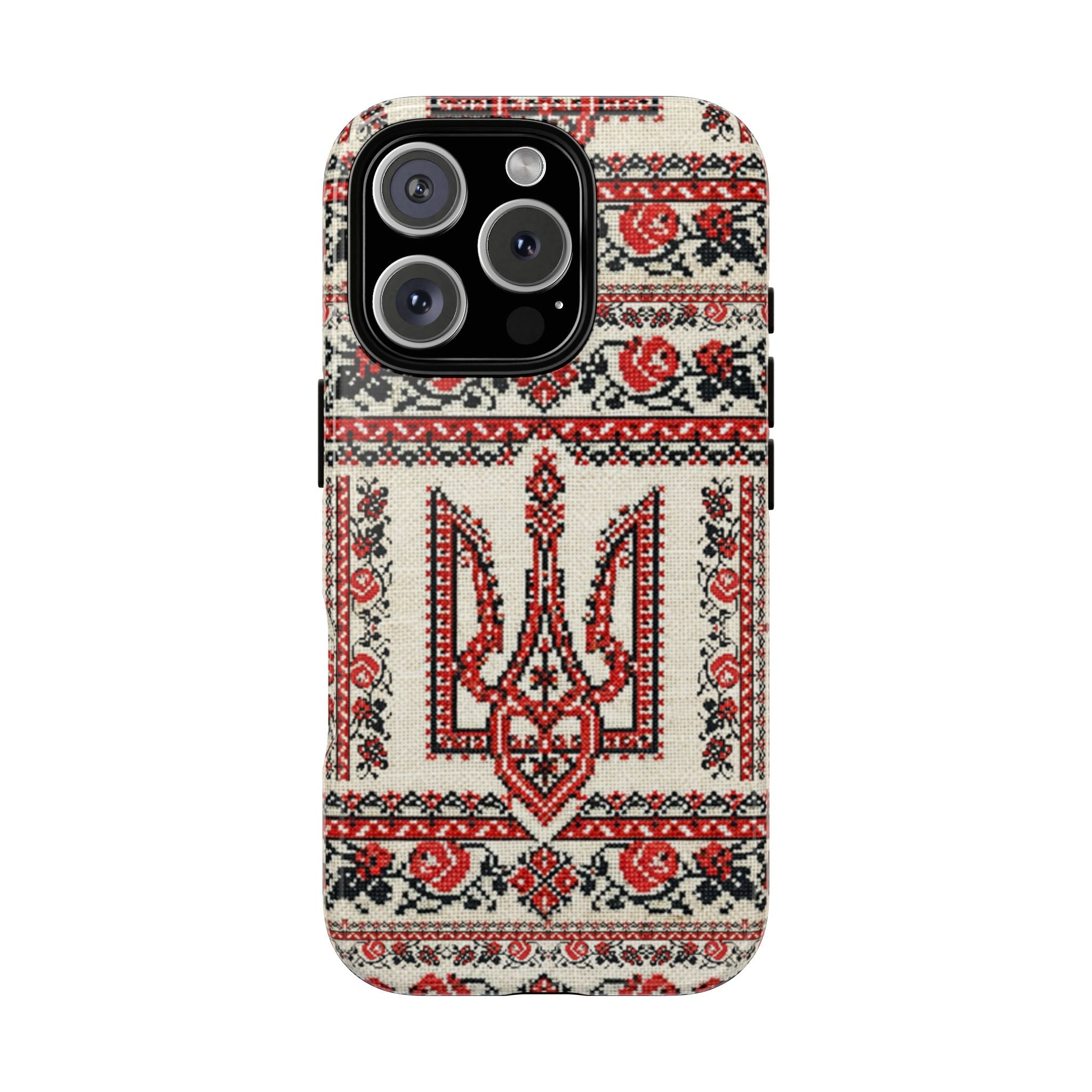 Ukrainian Trident Embroidery Phone Case • Red Black Trident Pattern • Protective Folk Art Cover for iPhone & Samsung