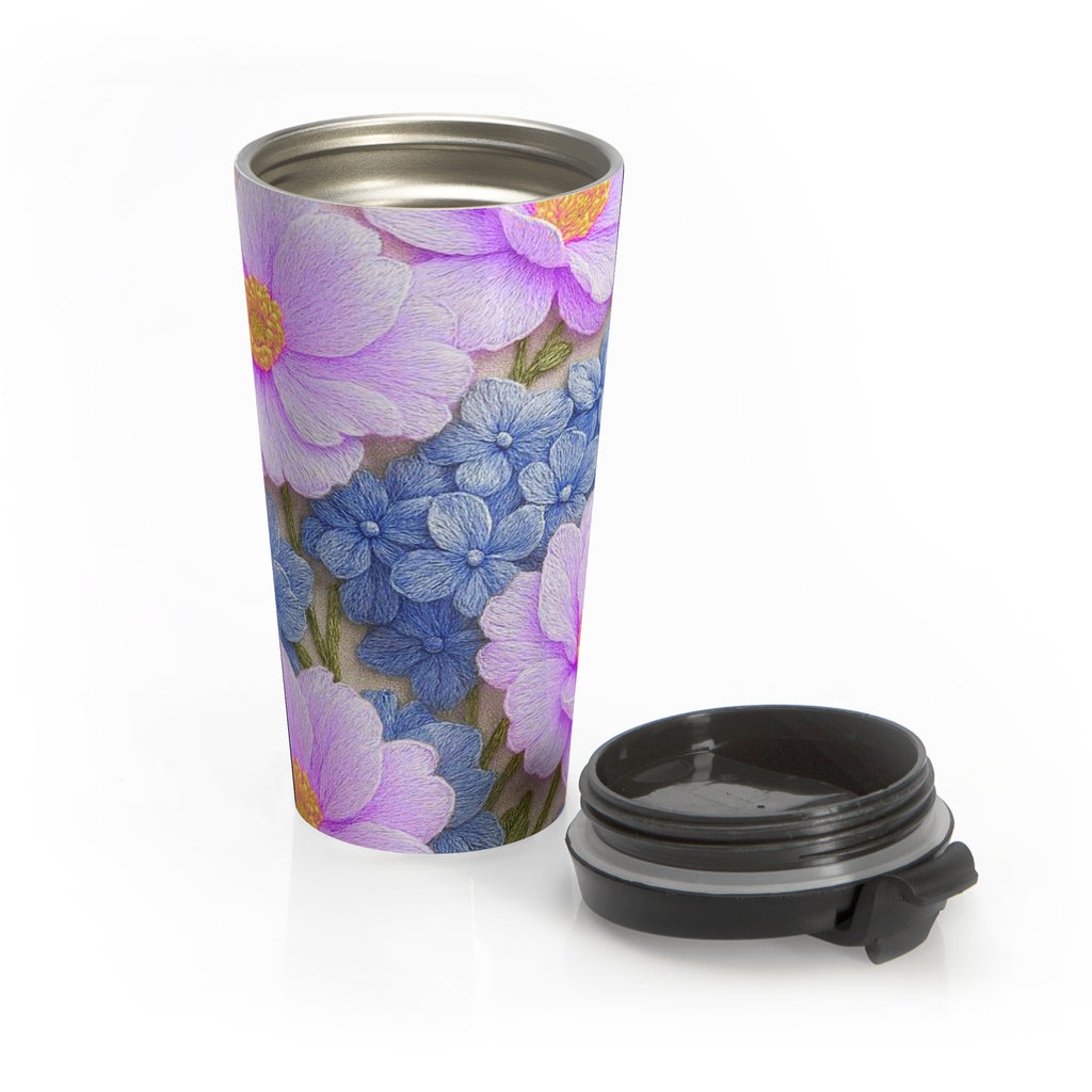 Pink Cosmos and Blue Hydrangea Travel Mug, Alexandra Bloom Collection, Stainless Steel Floral Tumbler, Insulated Coffee Cup Gift