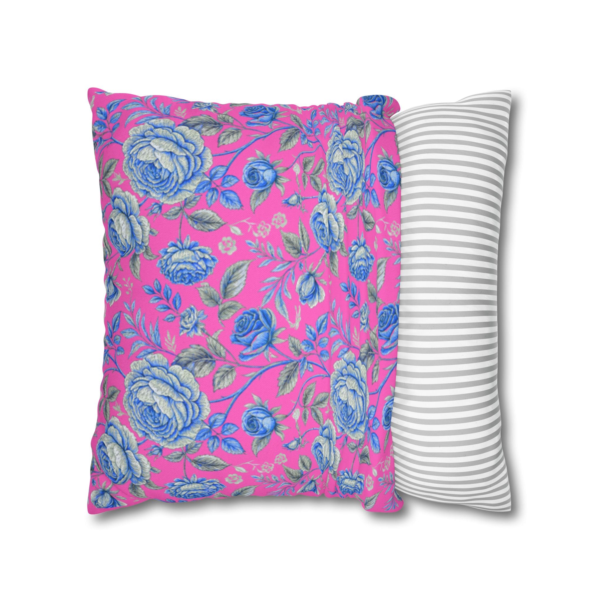 Pink & Blue Rose Floral Throw Pillow Cover | Double-Sided Spun Polyester