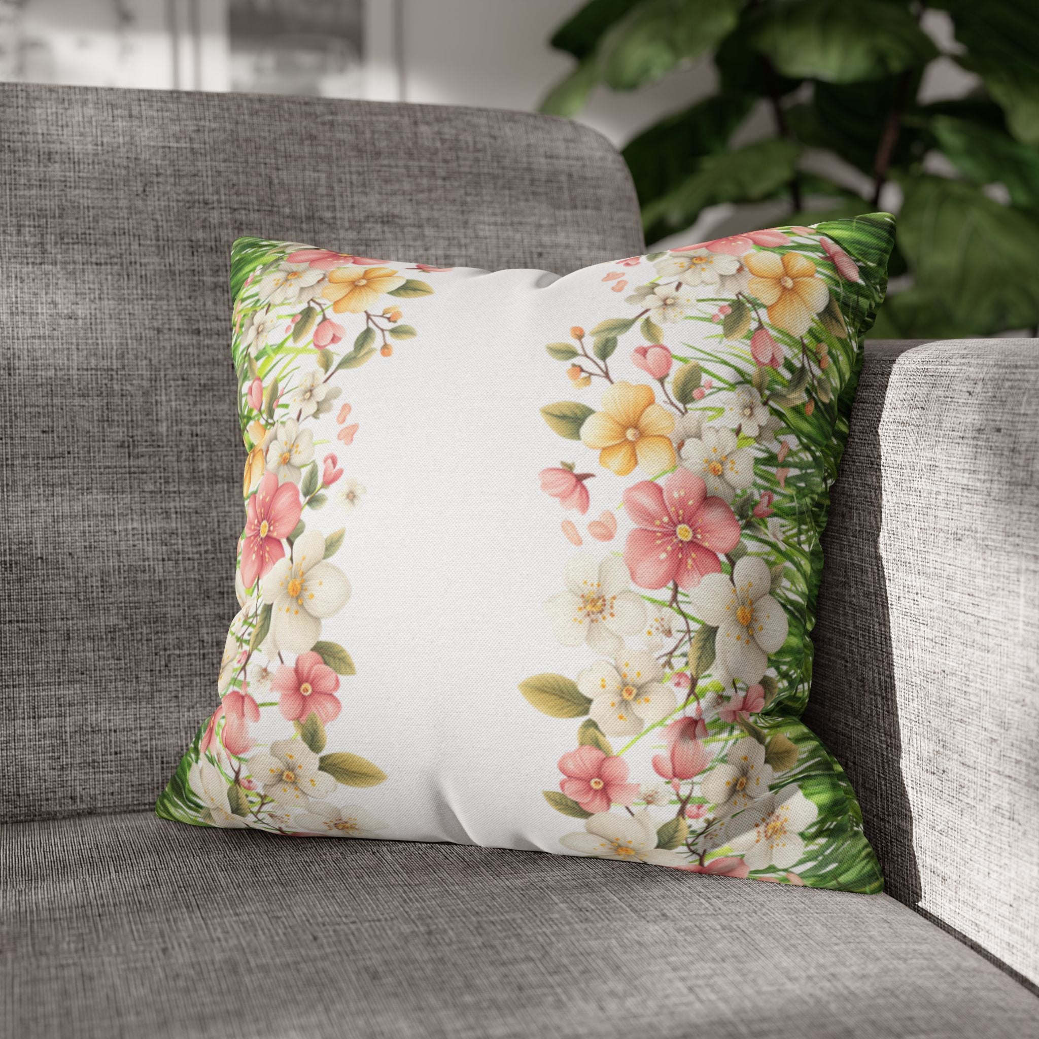 Spring Floral Pillowcase 1piece, Polyester Cushion Cover, Green Grass Border with Pink  White Flowers, Spring Home Decor