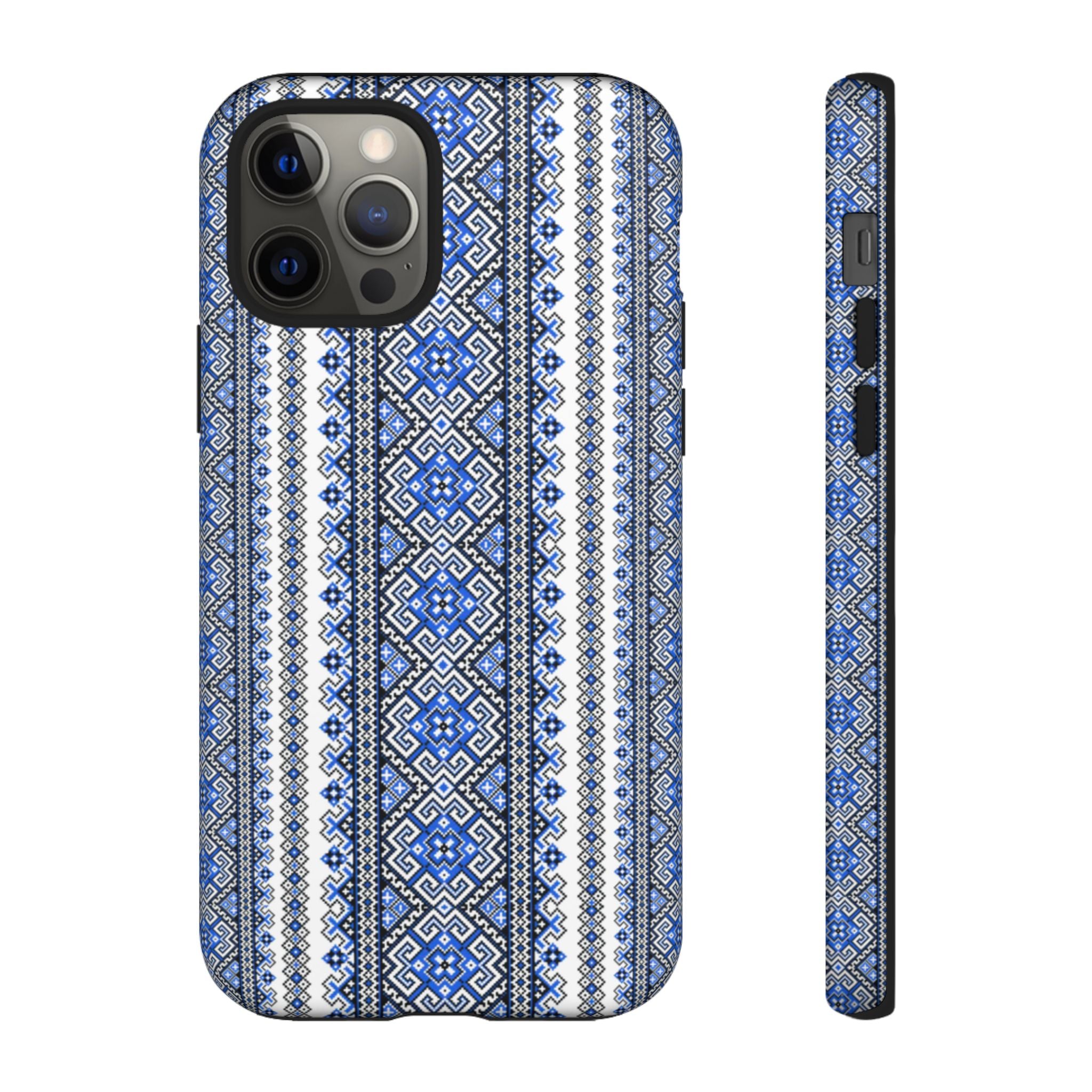 Ukrainian Pattern iPhone Case, Blue Black Geometric Folk Design, Protective Phone Cover, Traditional Ethnic Print