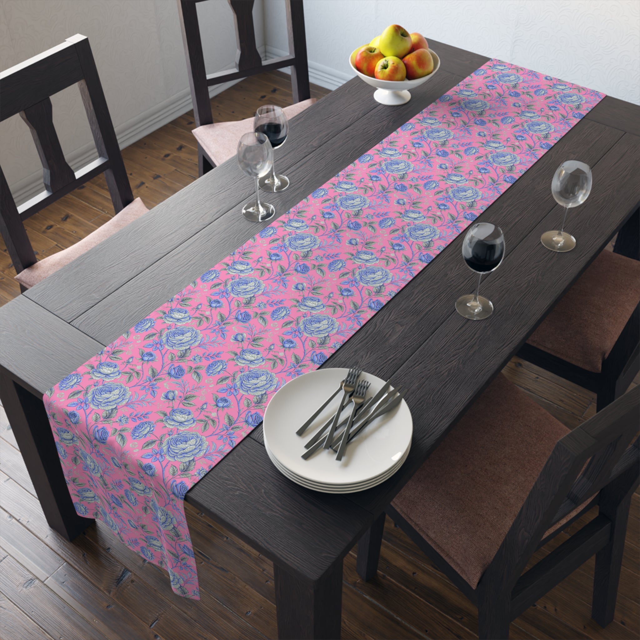 Pink Blue Rose Table Runner | Floral Cottagecore | Cotton or Polyester