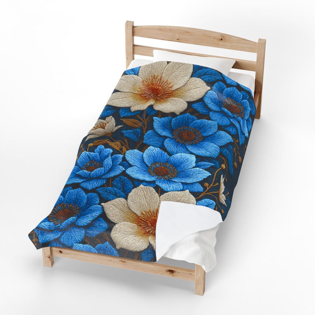 Midnight Symphony Velveteen Plush Blanket | Navy Blue & Cream Botanical Throw