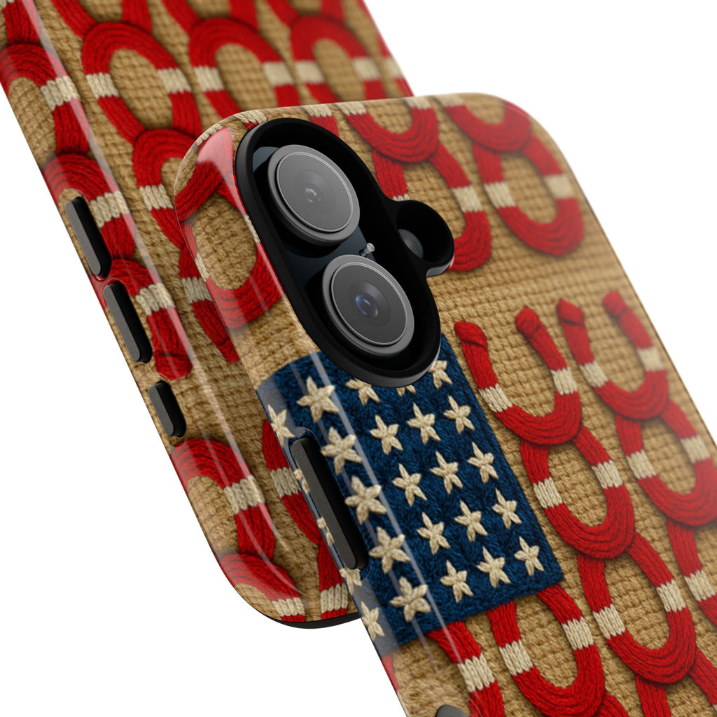 Rooted Knot Collection tough phone case with a red horseshoe and American flag pattern against a white background.