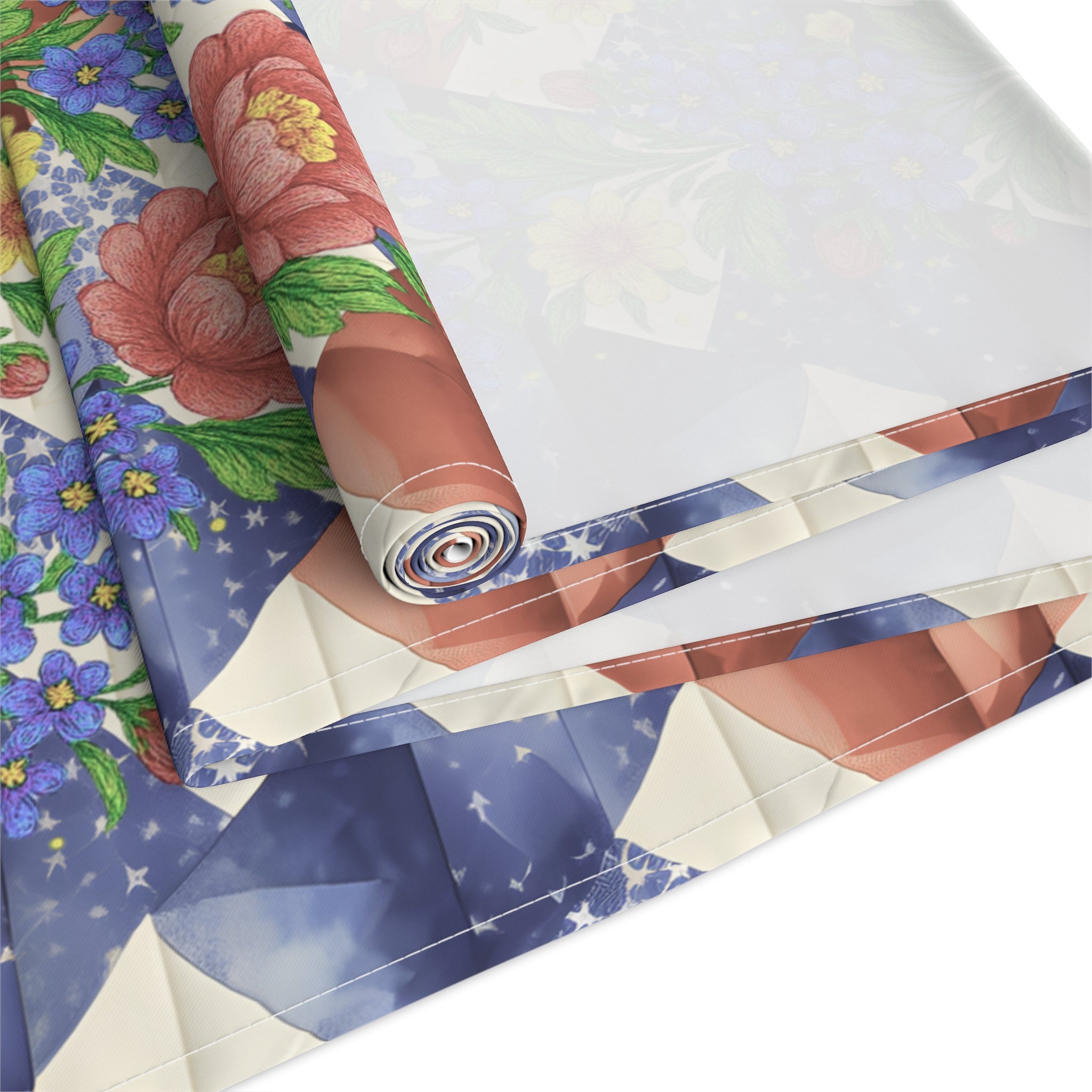 American Cozy Floral Table Runner - Patriotic Blue Geometric & Rose Bouquet Decor