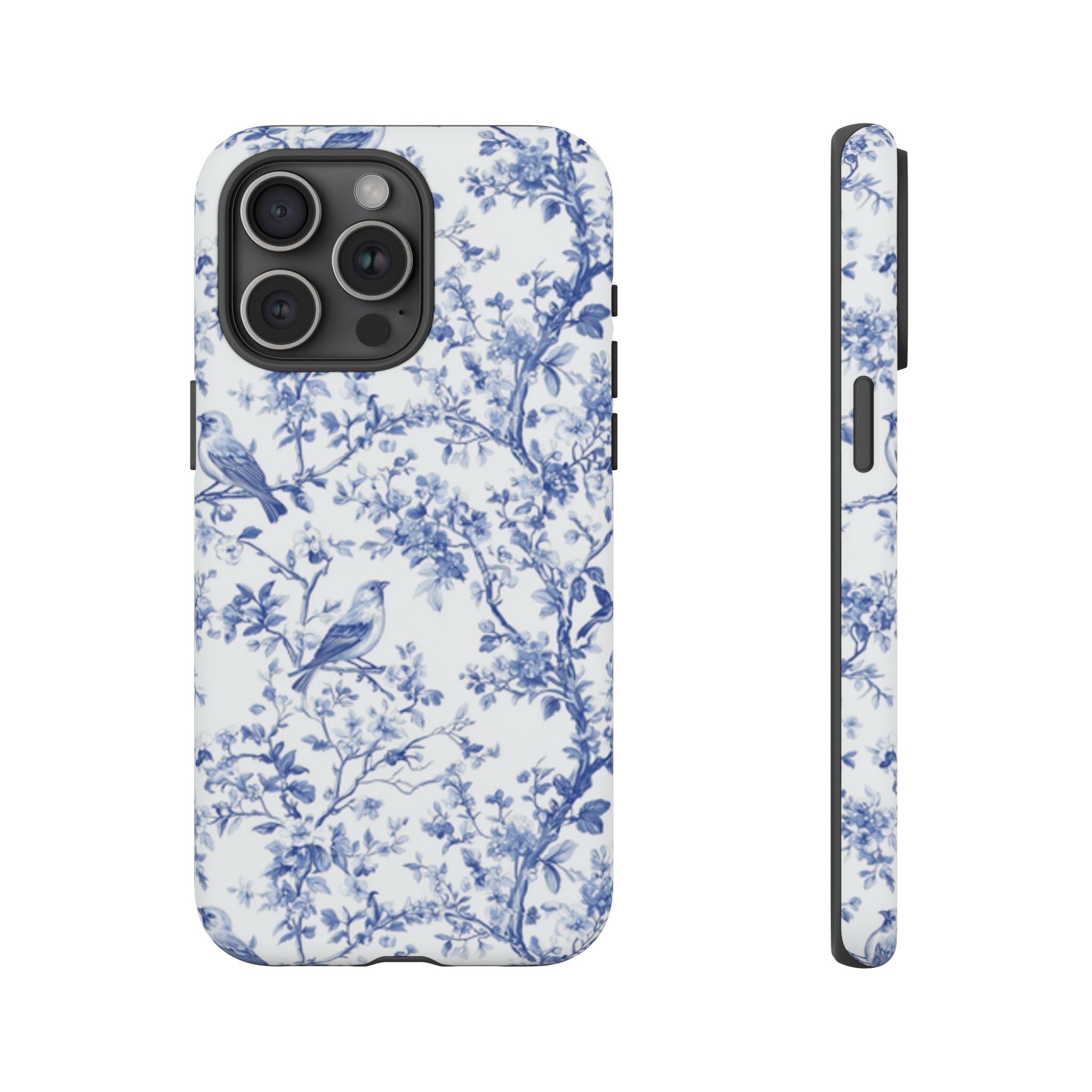Blue Floral Vine Phone Case, Toile-inspired romantic floral Marbleized Branch Pattern