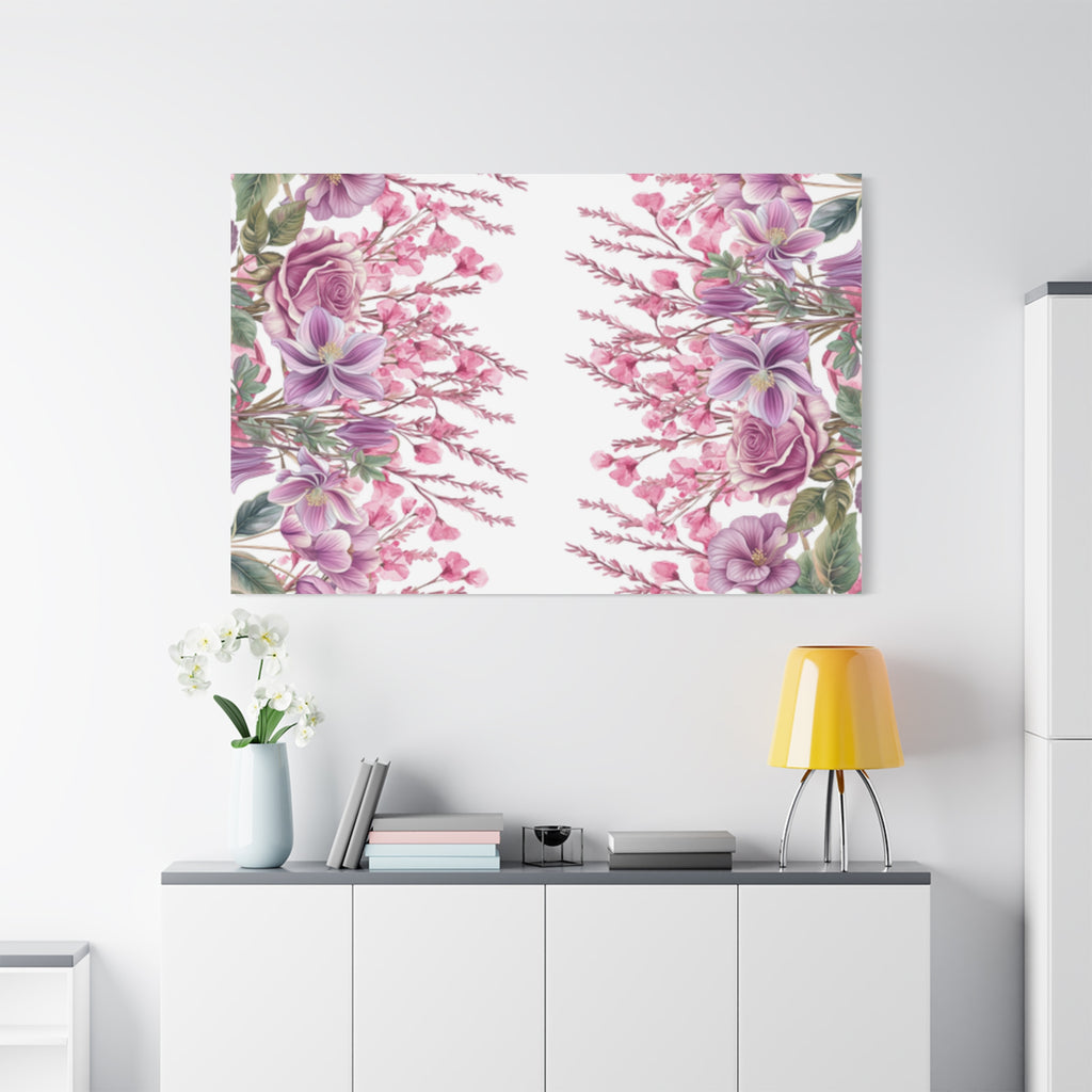 Floral Matte Canvas Wall Art, Pink Purple Botanical Print, Modern Symmetrical Flower Design, Stretched 1.25" Canvas Home Decor