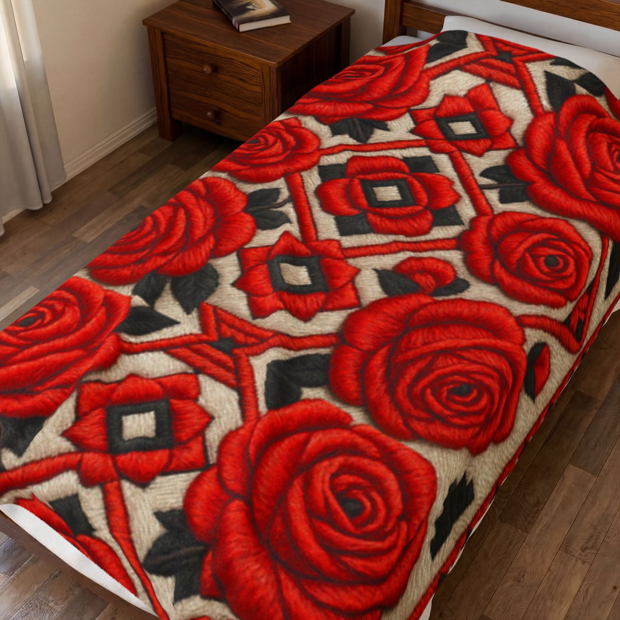 Red Roses Velveteen Plush Blanket | Vintage Floral Throw | Soft Cozy Romantic Bedding Decor