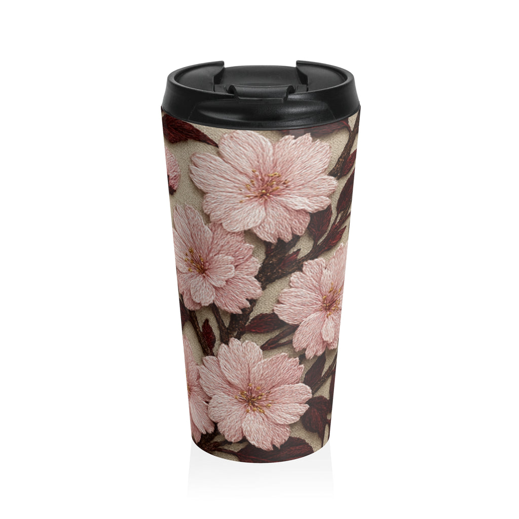 Sakura Noir Travel Mug — Pink Cherry Blossom Insulated Tumbler | 15oz Floral Stainless Steel Cup
