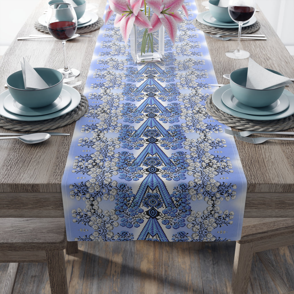 Ukrainian Berehynia Blue Table Runner — Folk Embroidery Style, Roses & Geometric Pattern | BLUESKYDEZIGN