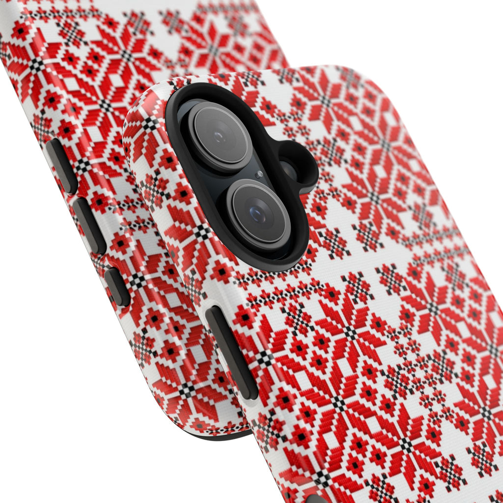 Mariia Red tough phone case with Ukrainian folk embroidery — bold red and black geometric cross-stitch pattern inspired by traditional Slavic motifs, dual-layer shockproof iPhone cover

