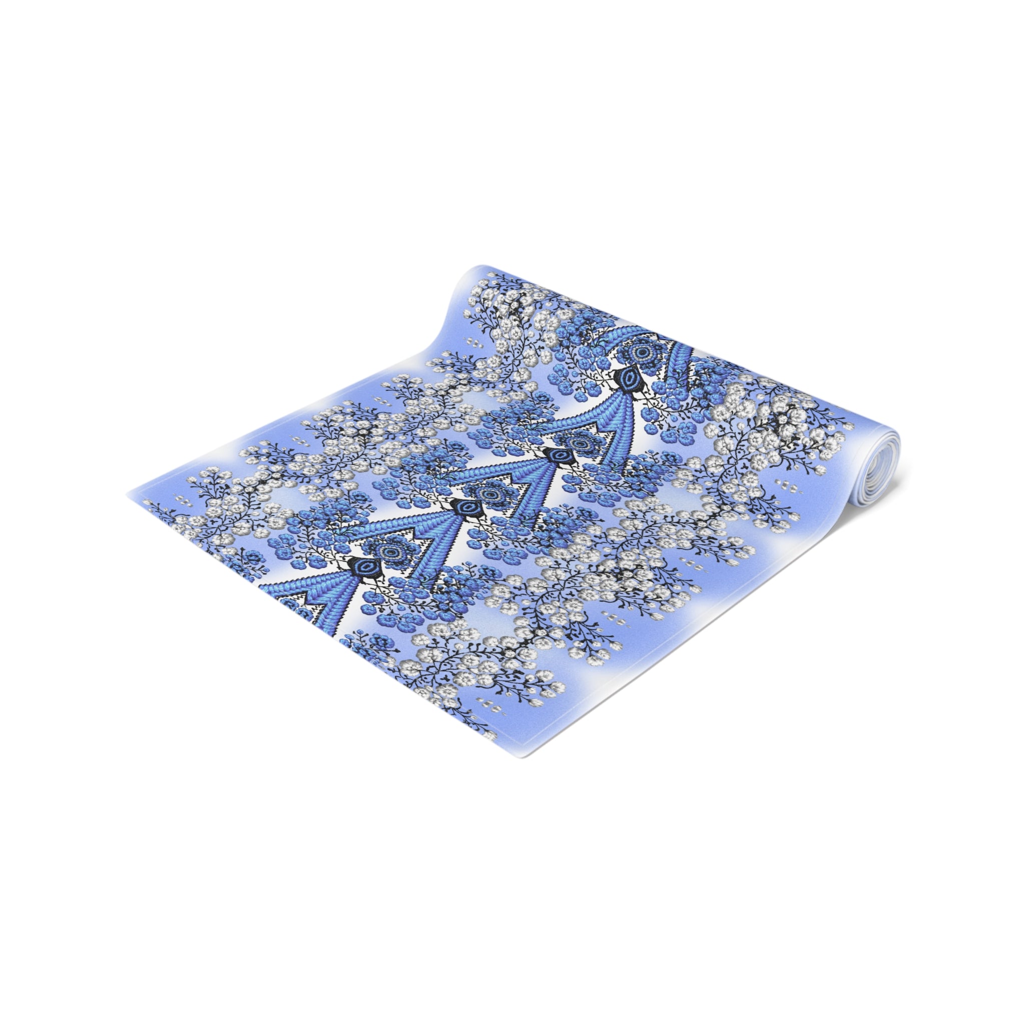 Ukrainian Berehynia Blue Table Runner — Folk Embroidery Style, Roses & Geometric Pattern | BLUESKYDEZIGN
