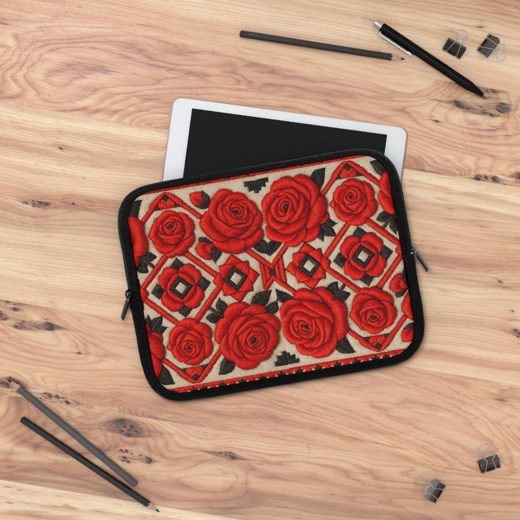 Red Roses Laptop Sleeve | Vintage Floral Neoprene Case with Zipper | Folk Art Tech Bag Gift for Her