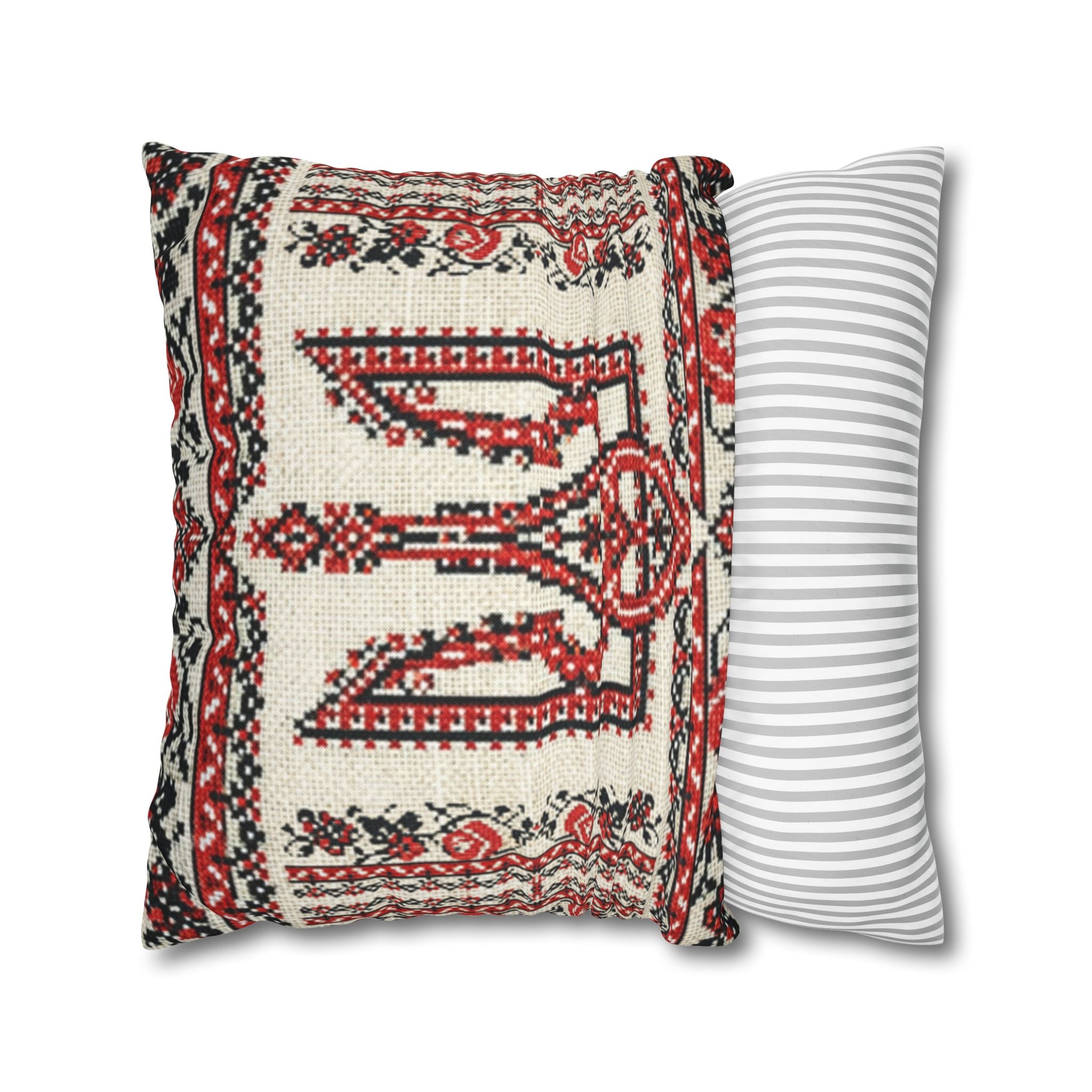 Tryzub Pillowcase, Ukrainian Red Black Embroidery, Folk Art Trident Cushion Cover for Home Decor