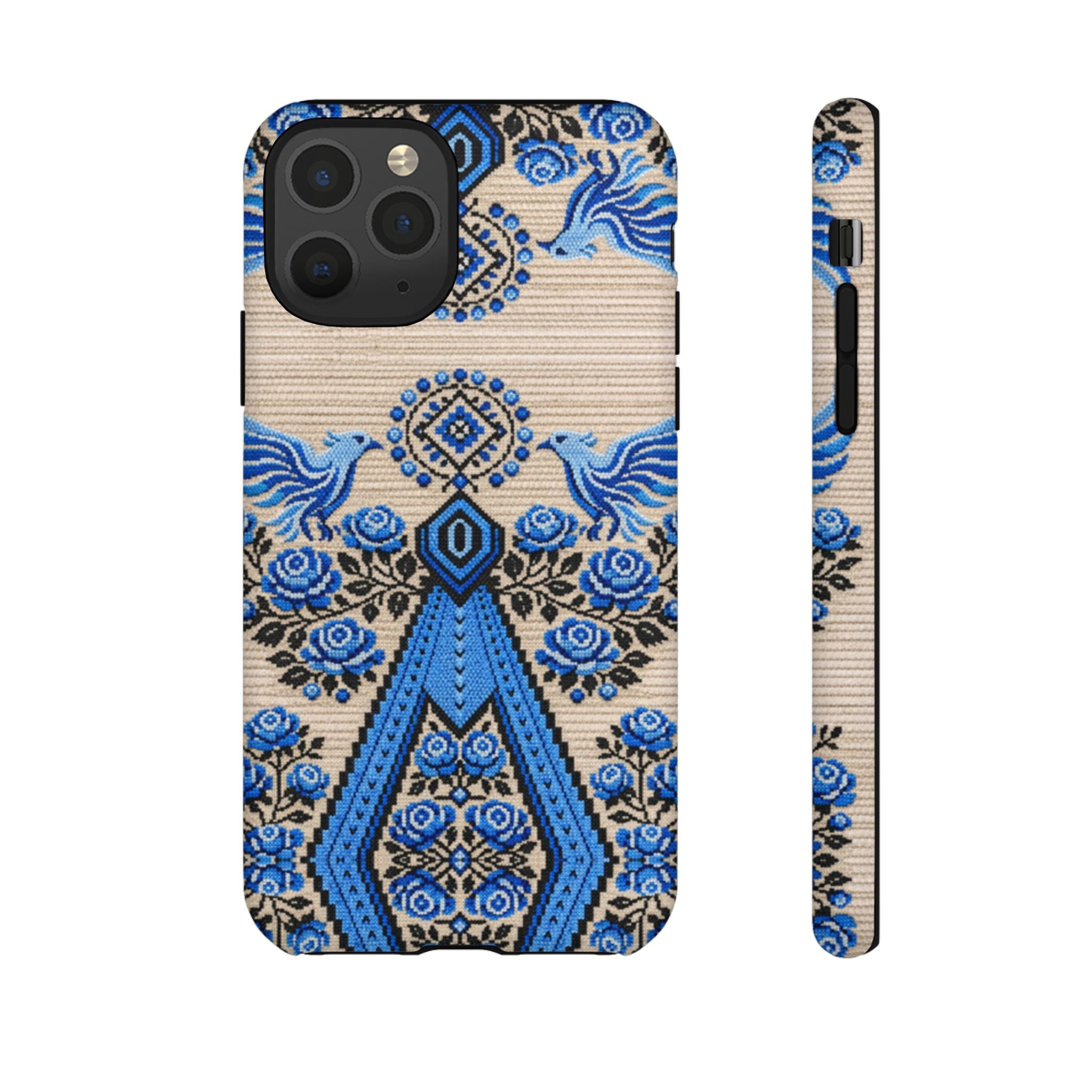 Ukrainian Phone Case  Blue Black Berehynia Design, Falcons & Roses Folk Art, Slavic Embroidery Style Protective Cover