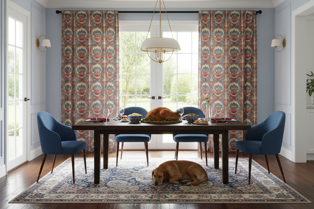 A sheer white window curtain featuring a vertical pattern of vintage-inspired red and blue floral medallions and geometric folk borders. The light-filtering fabric hangs elegantly, showing the intricate patriotic design.