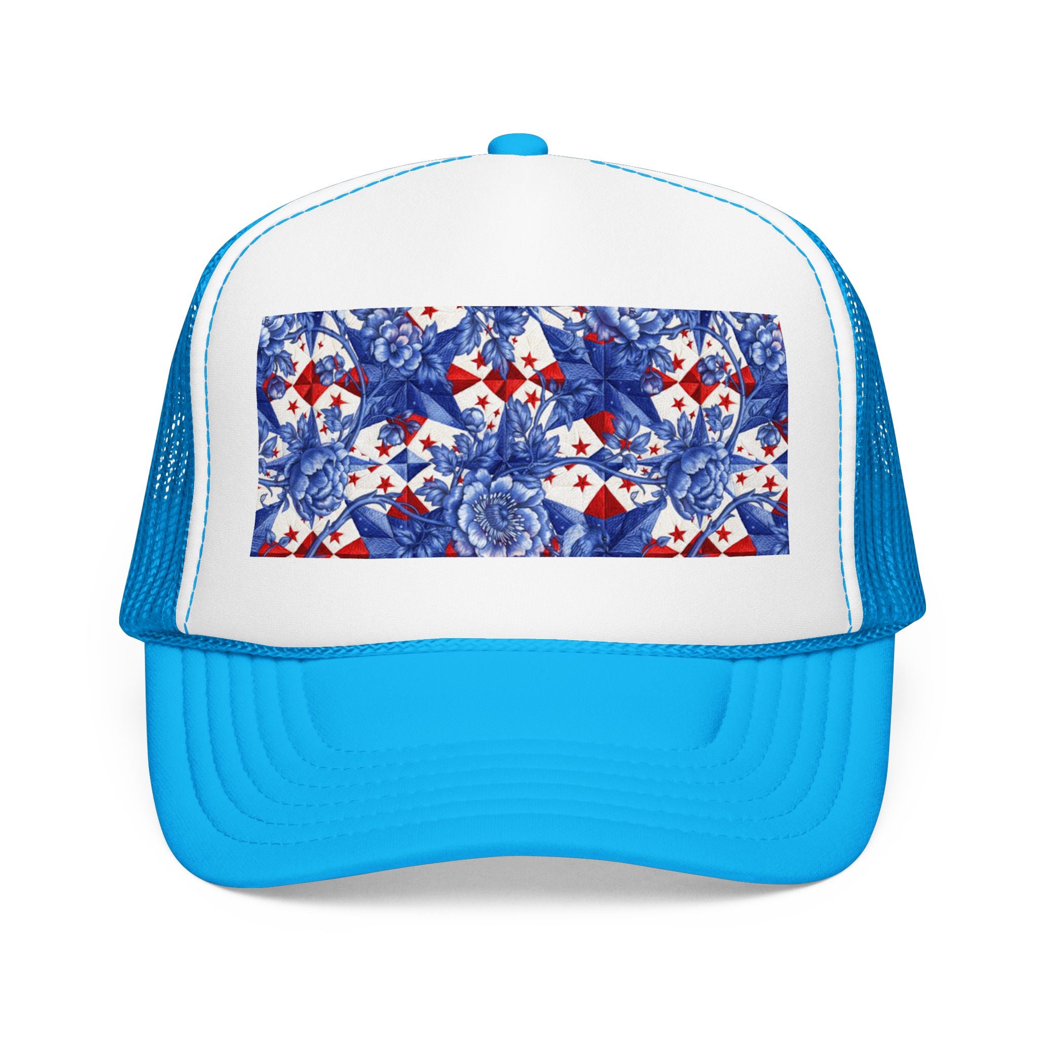 America 250th Anniversary Trucker Hat | Patriotic Toile Floral & Stars | BLUESKYDEZIGN