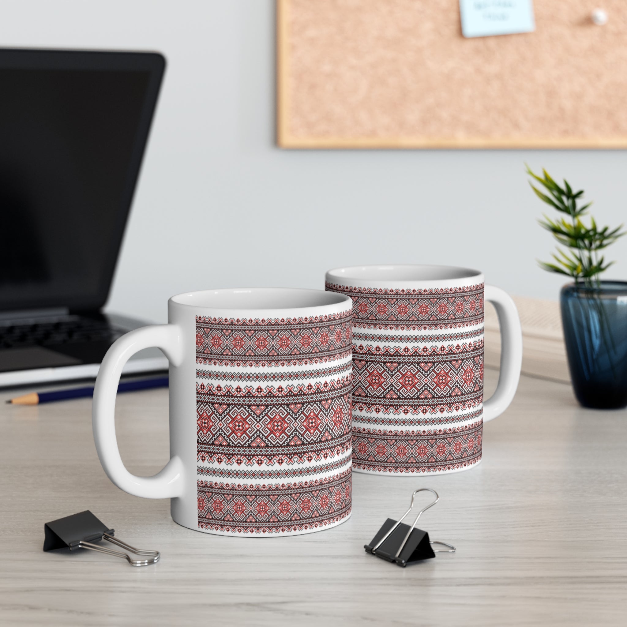Pattern Red Ukrainian Pattern Mug 11 oz,  Folk Design Coffee Cup, Slavic Geometric Print Ceramic Mug