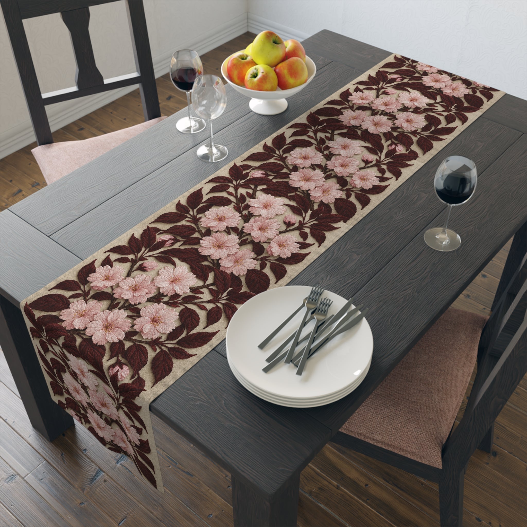 Sakura Noir Table Runner — Pink Cherry Blossom Floral Vine | Cotton & Polyester
