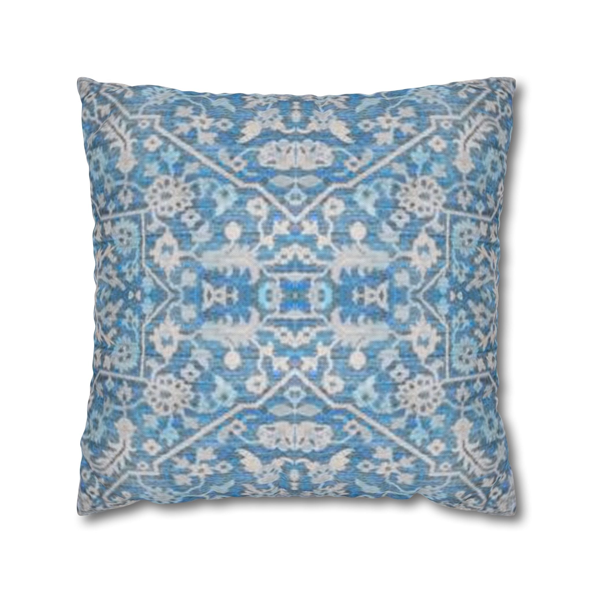 BLUESKYDEZIGN Grandmother's Heritage Pillow Cover - Blue Ikat Floral, Boho Modern Rustic Cushion