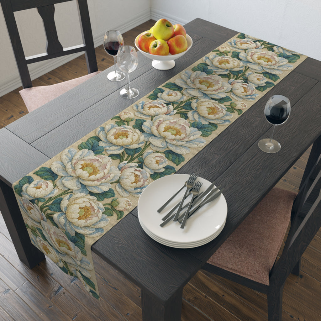 Petrykivka Bloom Table Runner – White Peony Floral, Sage Green, Cotton or Polyester
