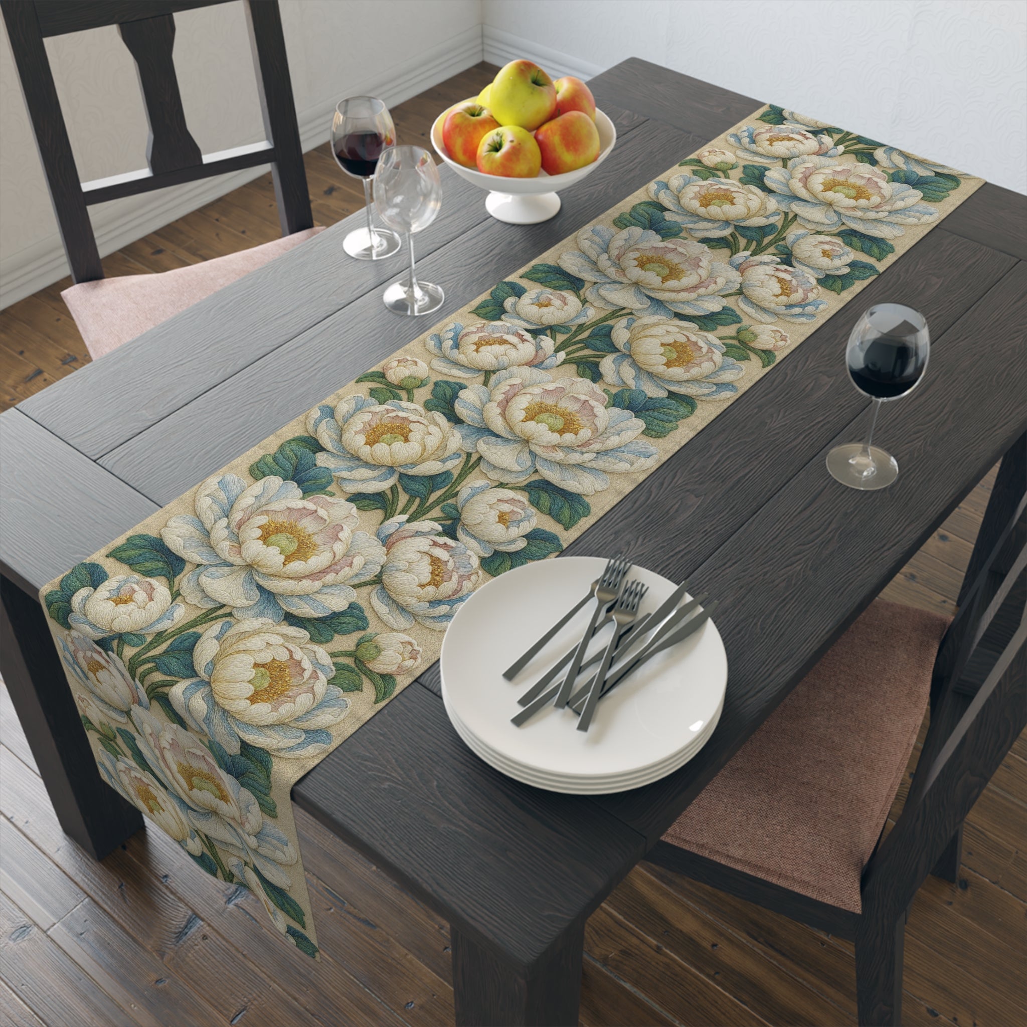 Petrykivka Bloom Table Runner – White Peony Floral, Sage Green, Cotton or Polyester