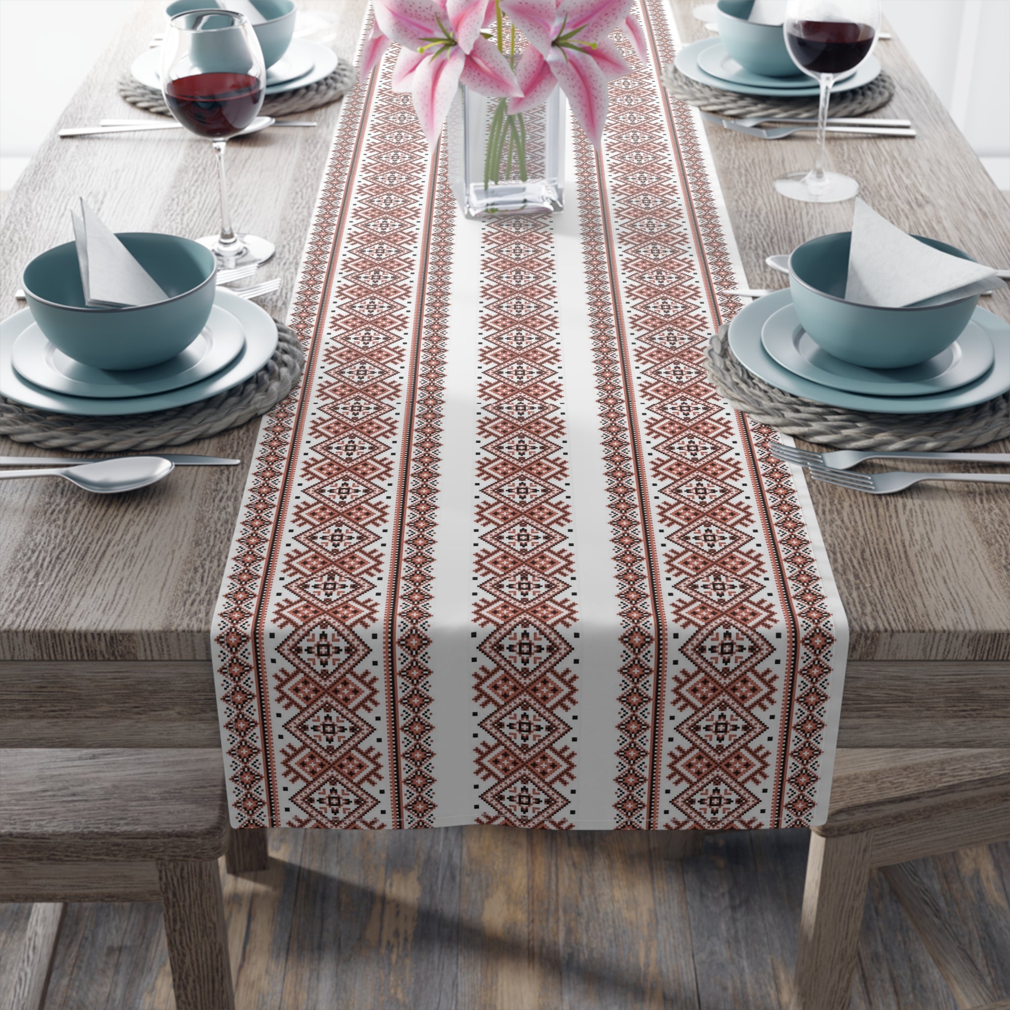 BLUESKYDEZIGN Ukrainian Folk Art Table Runner - Red Black Embroidery Pattern