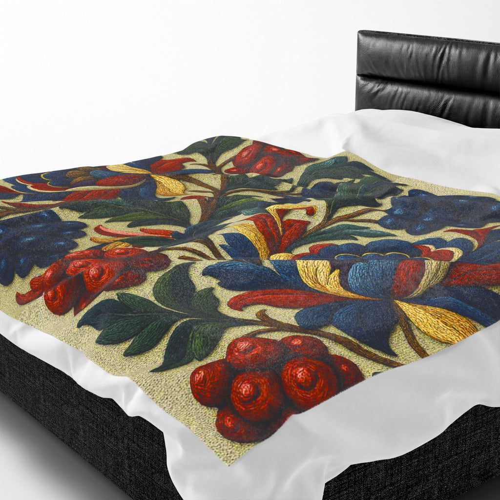 BLUESKYDEZIGN | Petrykivka Bloom Velveteen Blanket | Ukrainian Folk Art Floral Throw | Vintage Botanical Plush | Cottagecore Gift