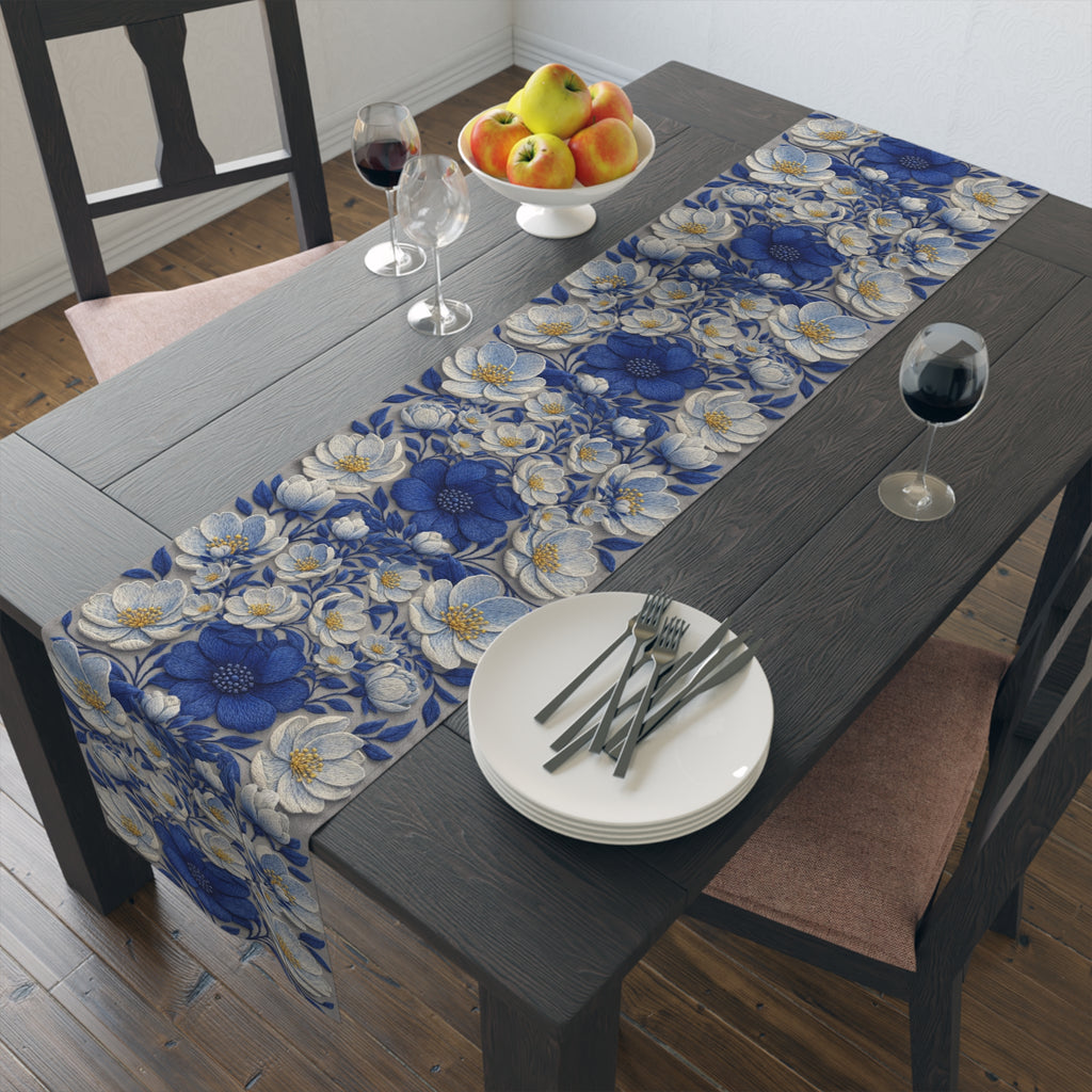 Denim Soul Floral Table Runner – Indigo & Navy Blooms | Cotton Twill or Polyester