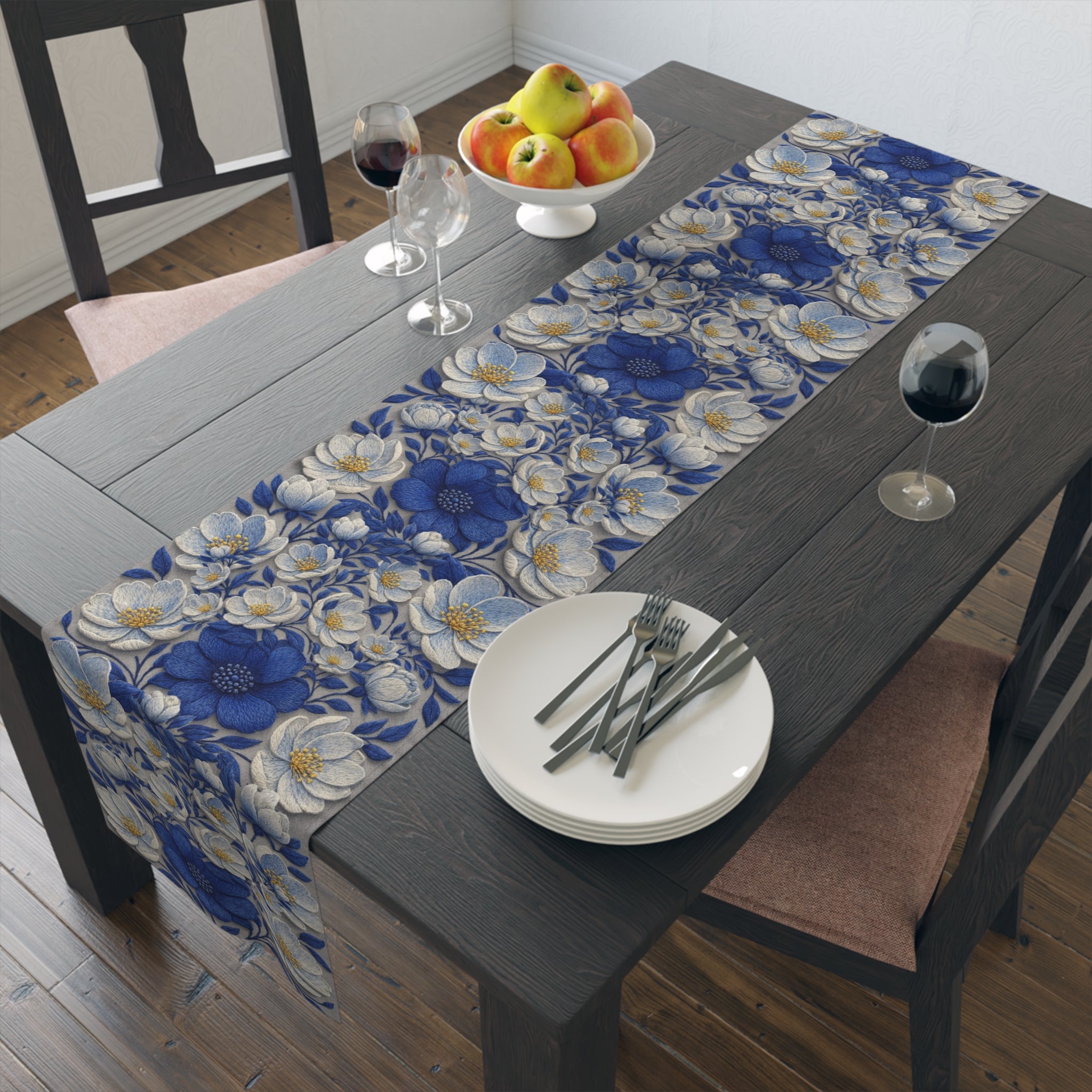 Denim Soul Floral Table Runner – Indigo & Navy Blooms | Cotton Twill or Polyester