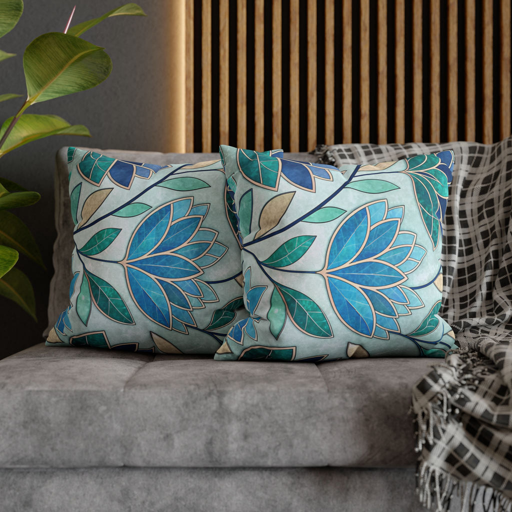 Mosaic Pillowcase 1piece, Stained Glass Style Floral Cushion Covers, Teal Blue Decorative Polyester Throw Pillowcases