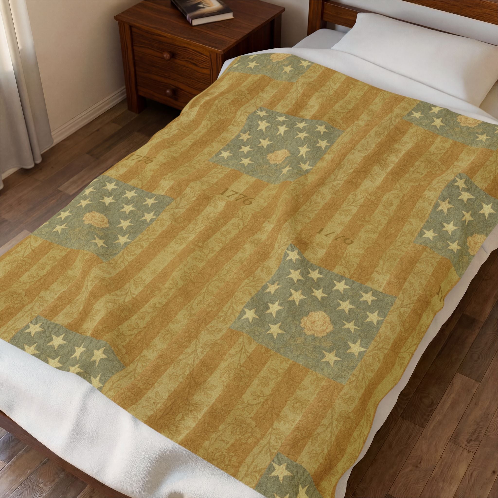 HERITAGE 1776 | 4th of July Decor Plush Blanket, USA 250th Anniversary Vintage American Flag Throw, Patriotic Farmhouse Velveteen Blanket | BLUESKYDEZIGN