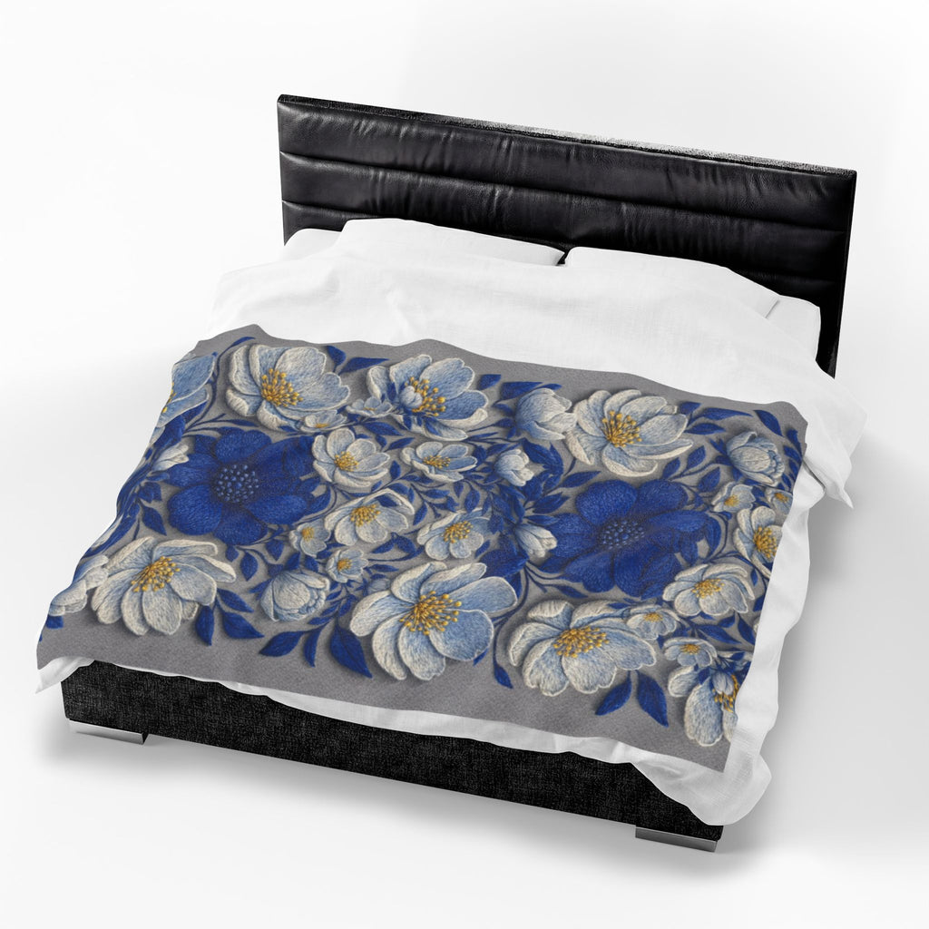 Denim Soul Indigo Floral Velveteen Blanket – Plush Throw for Bed & Sofa