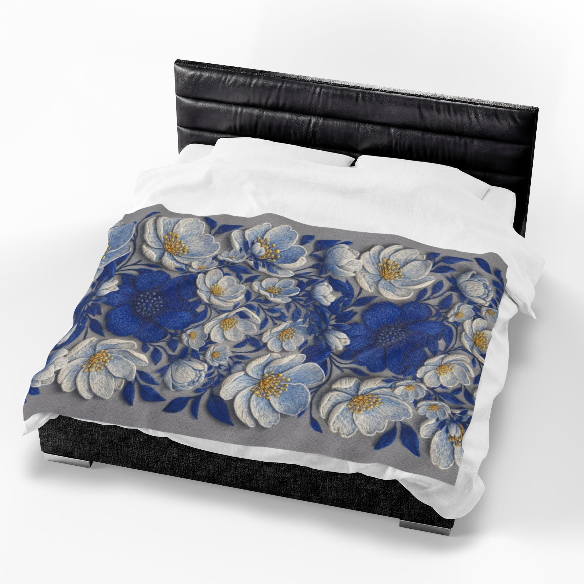 Denim Soul Indigo Floral Velveteen Blanket – Plush Throw for Bed & Sofa