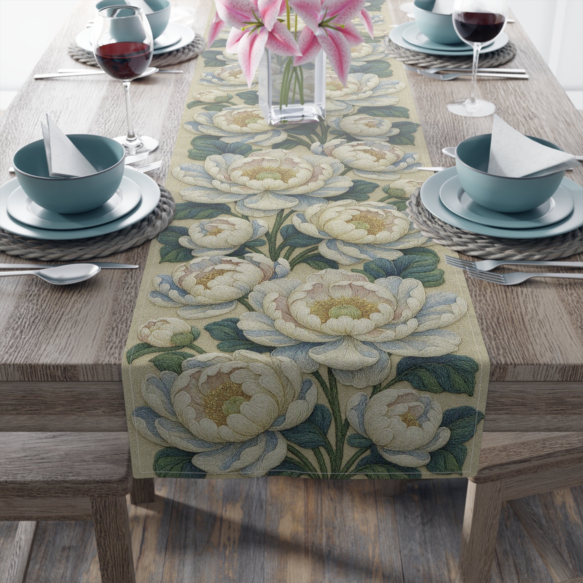 Petrykivka Bloom Table Runner – White Peony Floral, Sage Green, Cotton or Polyester