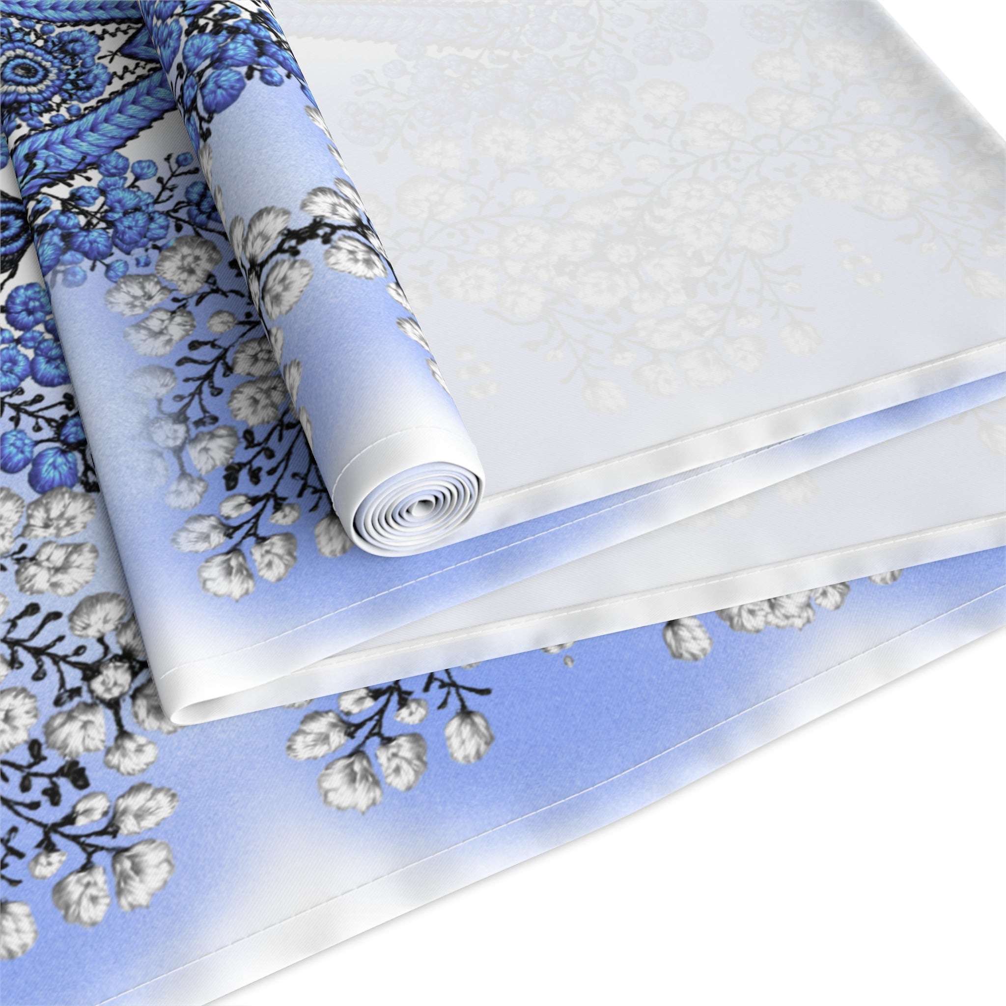 Ukrainian Berehynia Blue Table Runner — Folk Embroidery Style, Roses & Geometric Pattern | BLUESKYDEZIGN