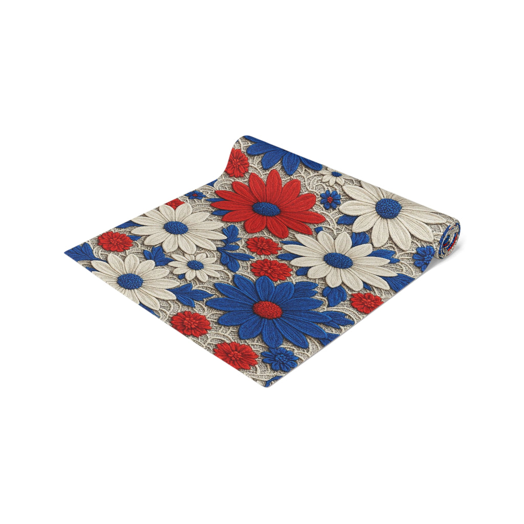 Retro Daisy Floral Table Runner — Vintage Farmhouse Boho Decor, Cotton or Polyester | BLUESKYDEZIGN