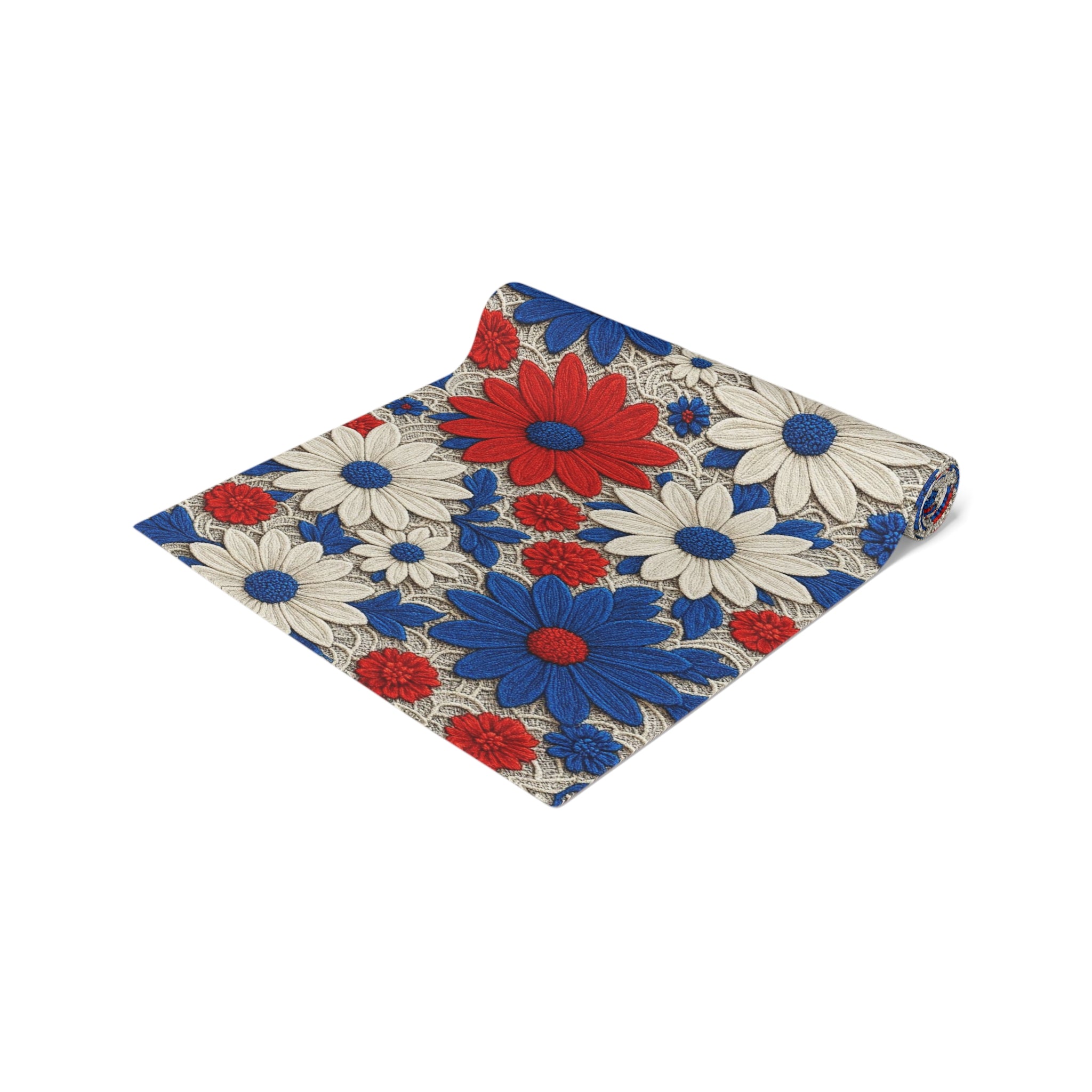 Retro Daisy Floral Table Runner — Vintage Farmhouse Boho Decor, Cotton or Polyester | BLUESKYDEZIGN